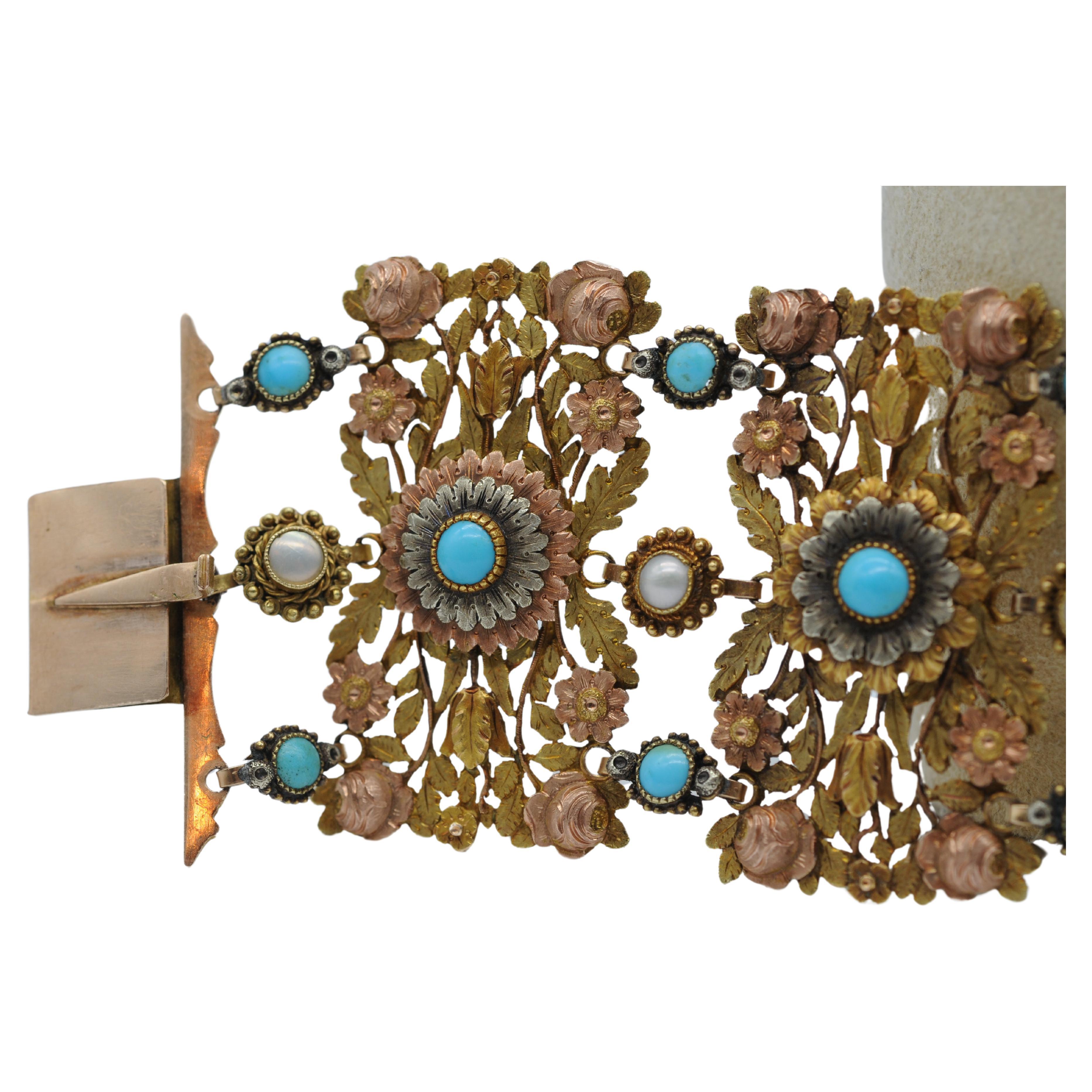 Bracelet Art déco en or tricolore 14 carats avec perles et turquoise  en vente 7
