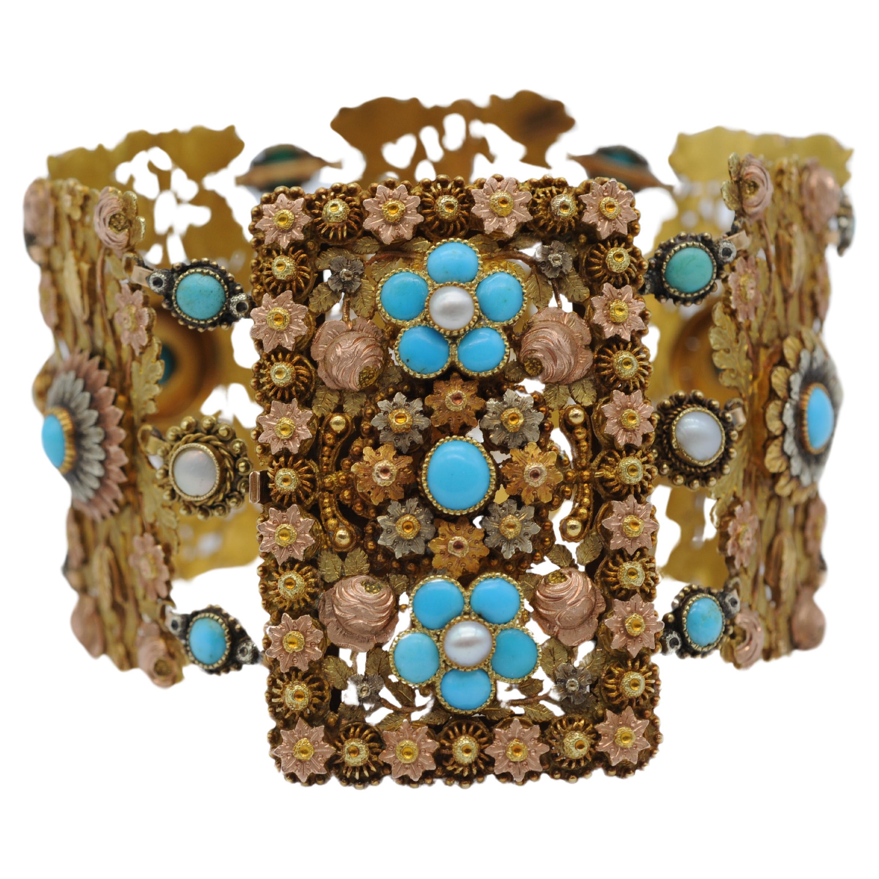 Bracelet Art déco en or tricolore 14 carats avec perles et turquoise  en vente 8