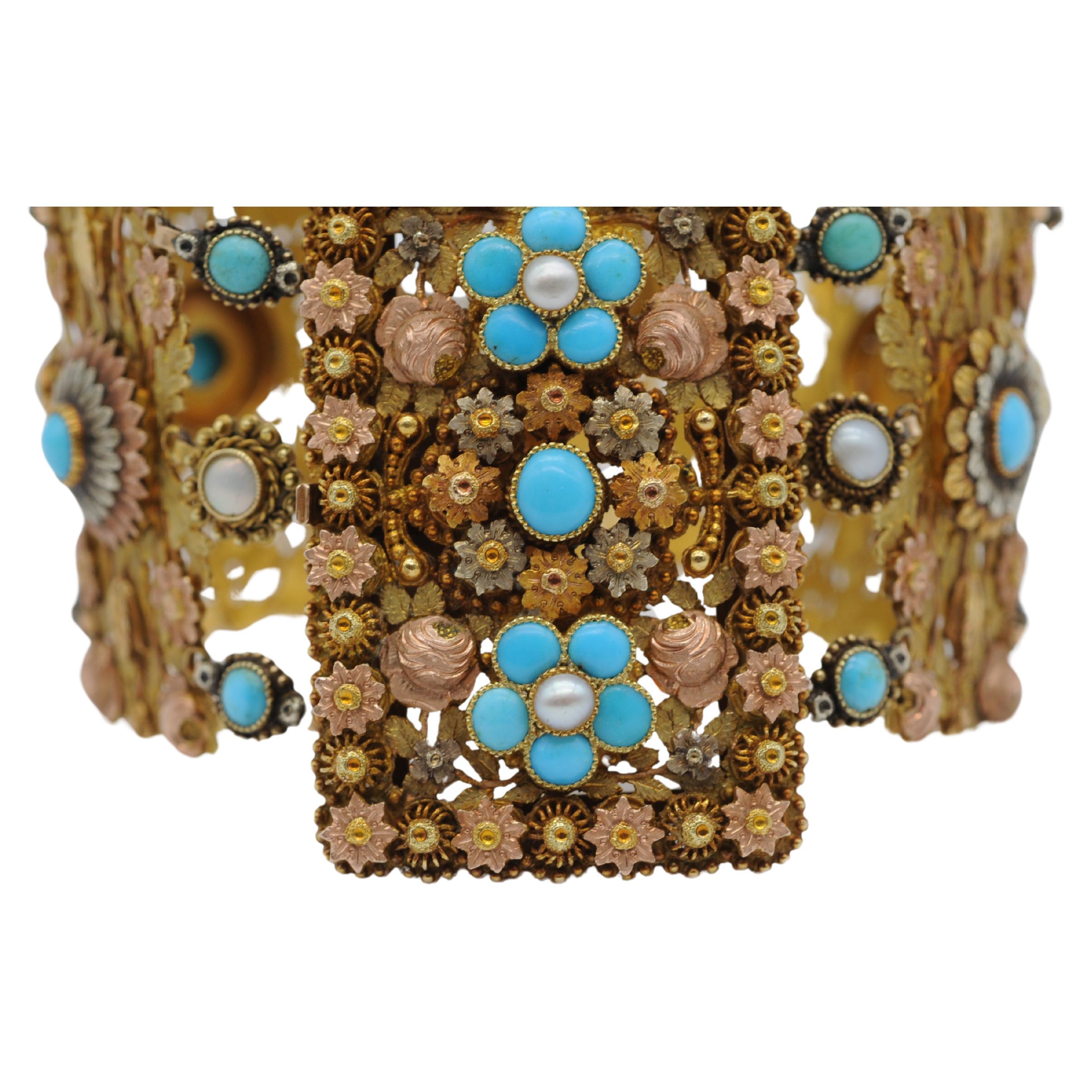 Bracelet Art déco en or tricolore 14 carats avec perles et turquoise  en vente 9