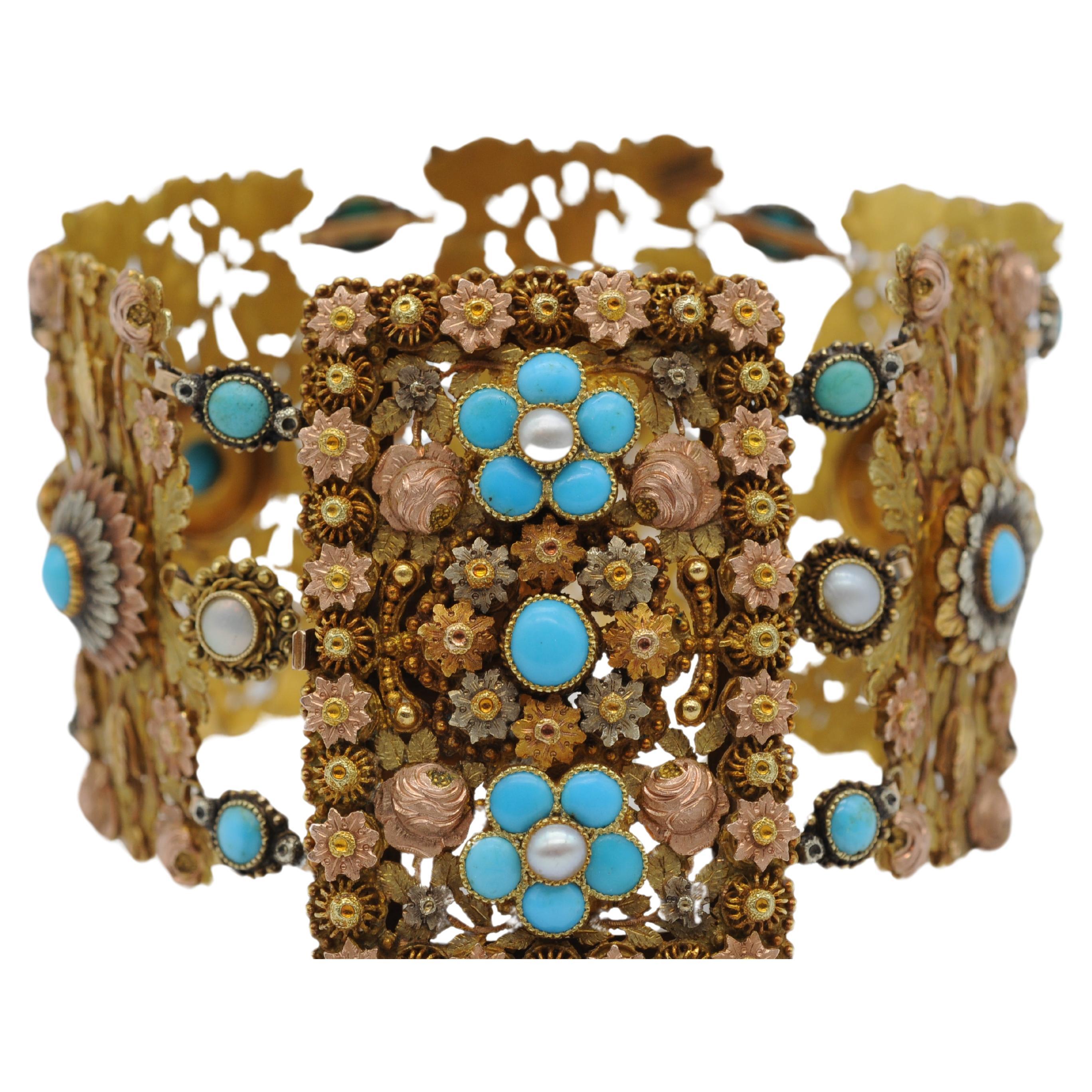 Bracelet Art déco en or tricolore 14 carats avec perles et turquoise  en vente 10