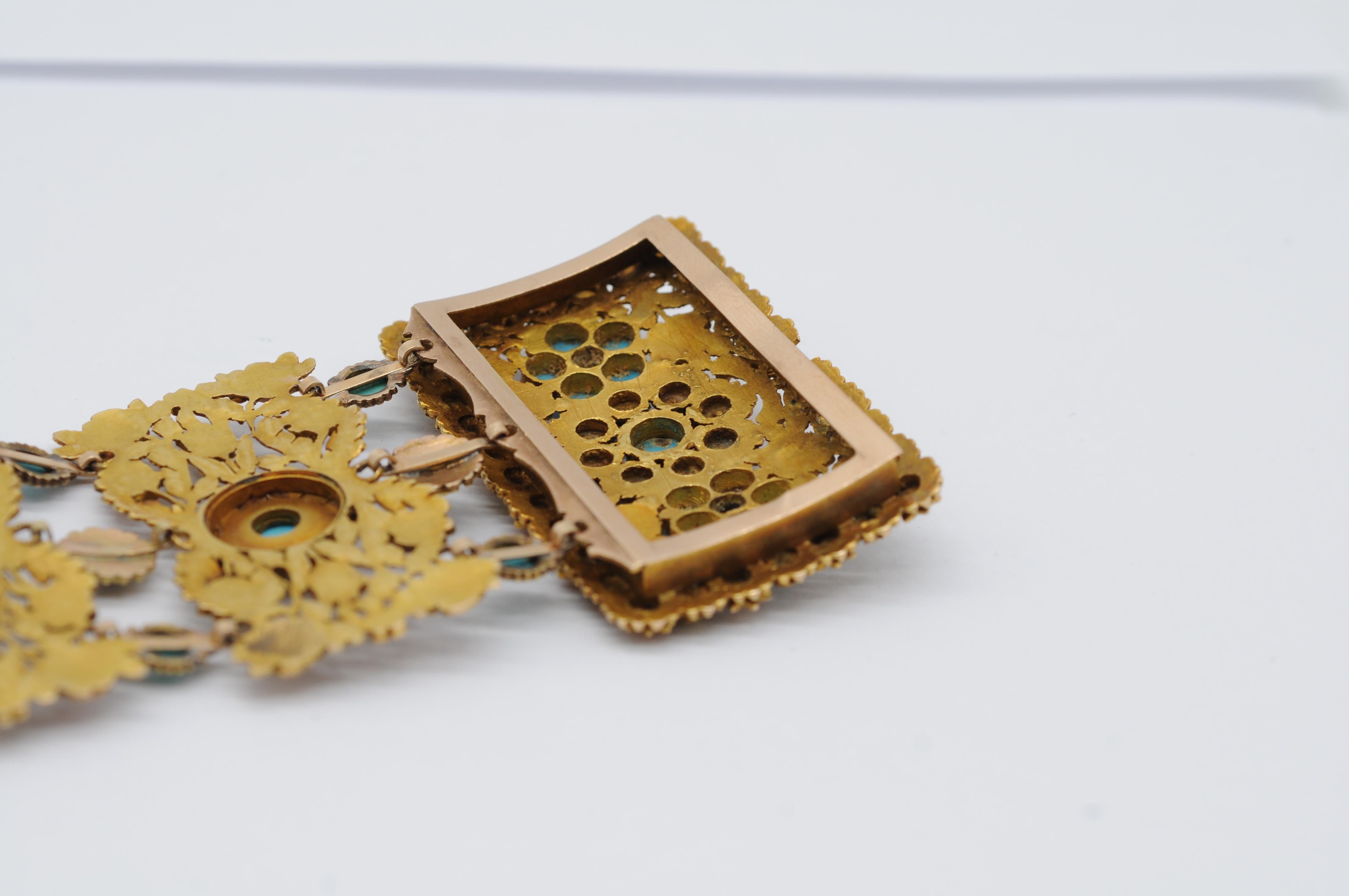 Bracelet Art déco en or tricolore 14 carats avec perles et turquoise  en vente 11