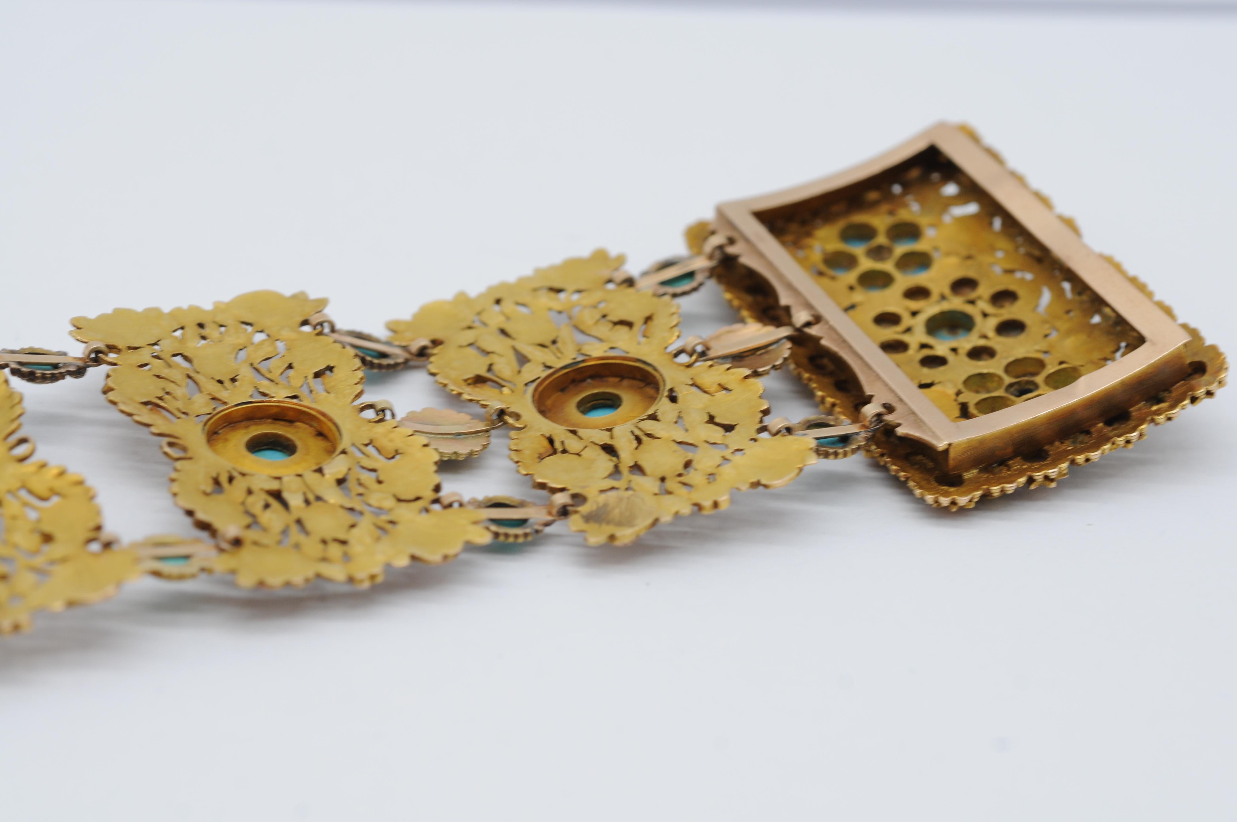 Bracelet Art déco en or tricolore 14 carats avec perles et turquoise  en vente 12