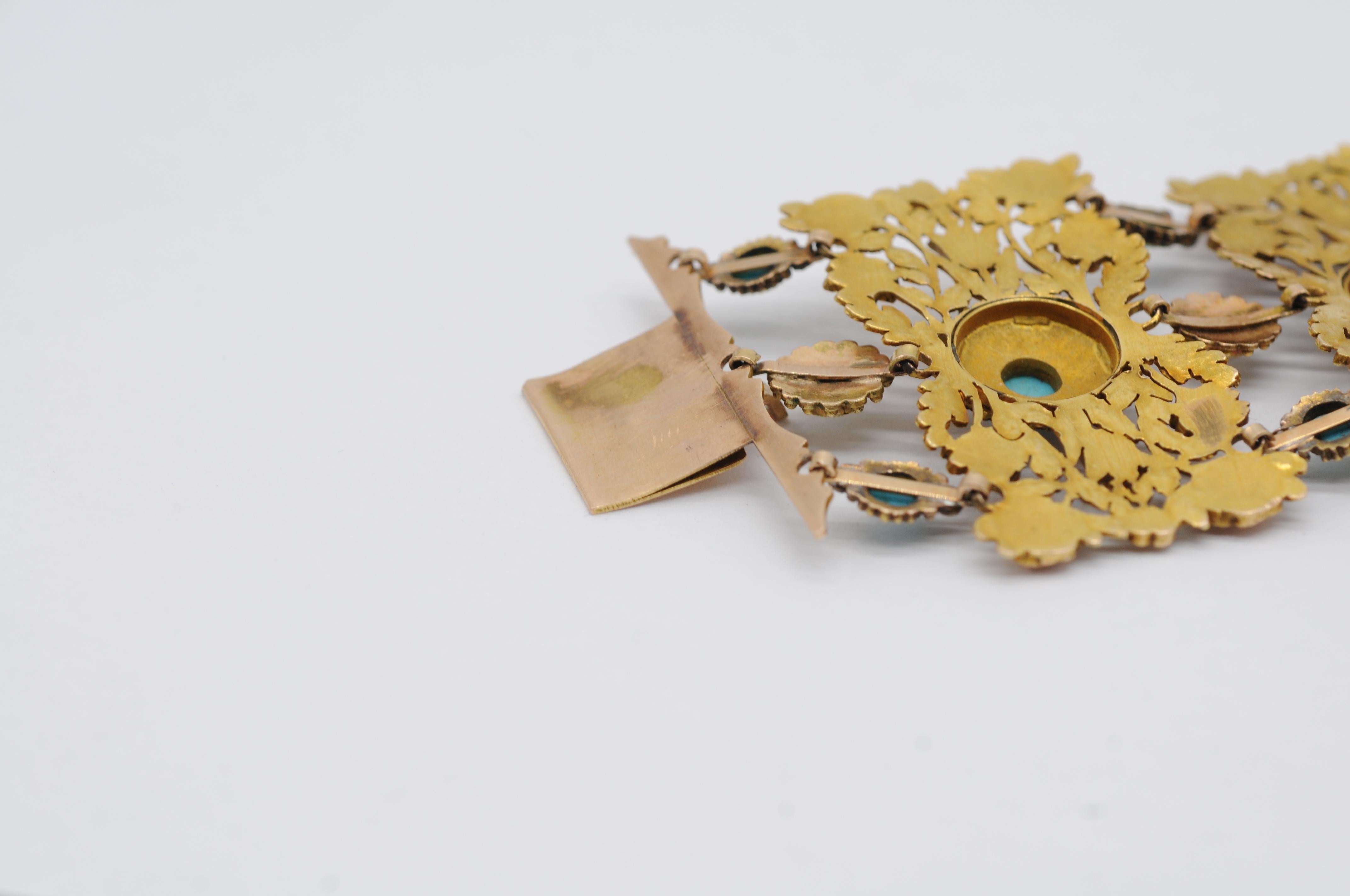 Bracelet Art déco en or tricolore 14 carats avec perles et turquoise  en vente 13