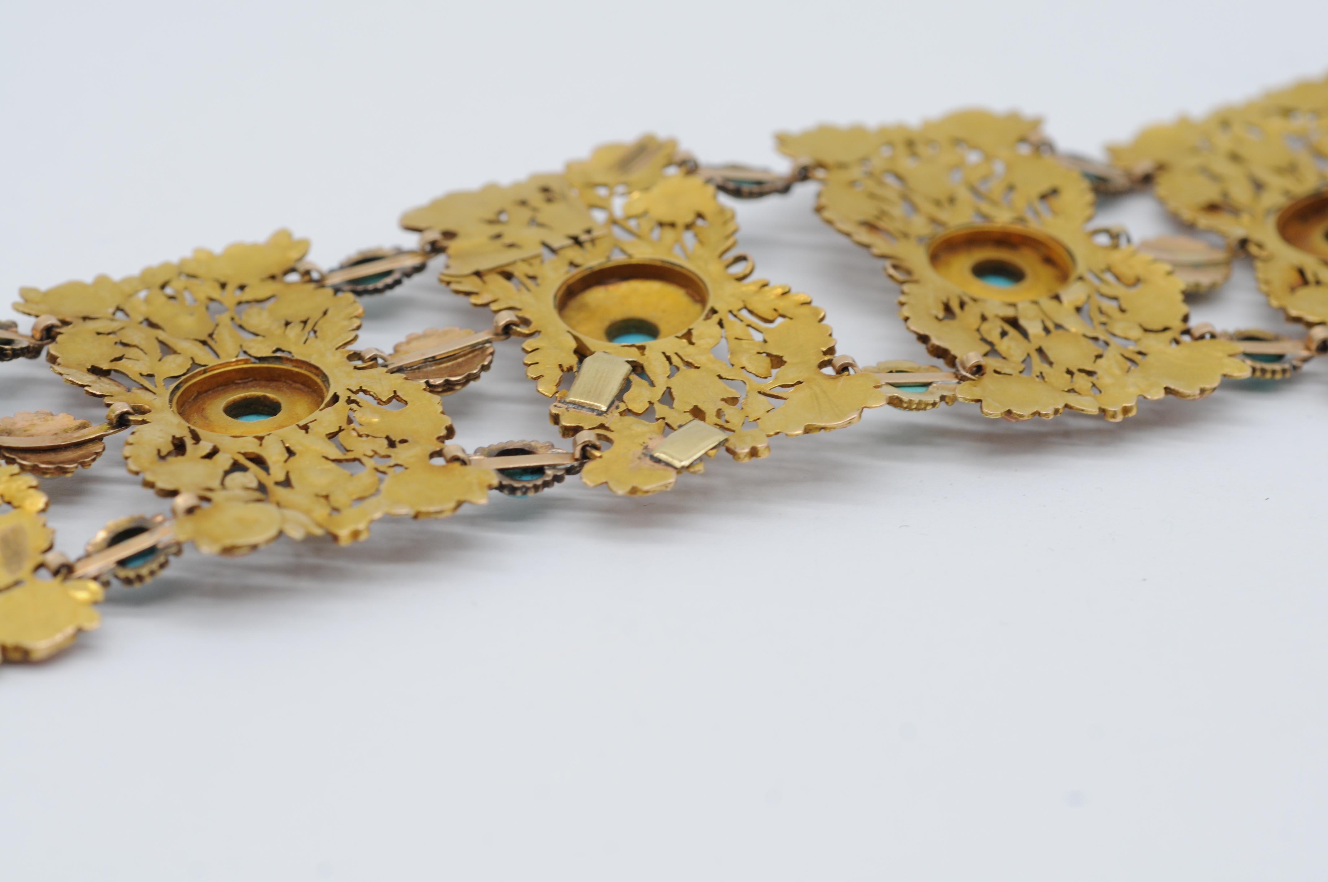 Bracelet Art déco en or tricolore 14 carats avec perles et turquoise  en vente 14