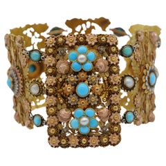 Art Deco bracelet with pearl and turquoise in 14k tricolor gold