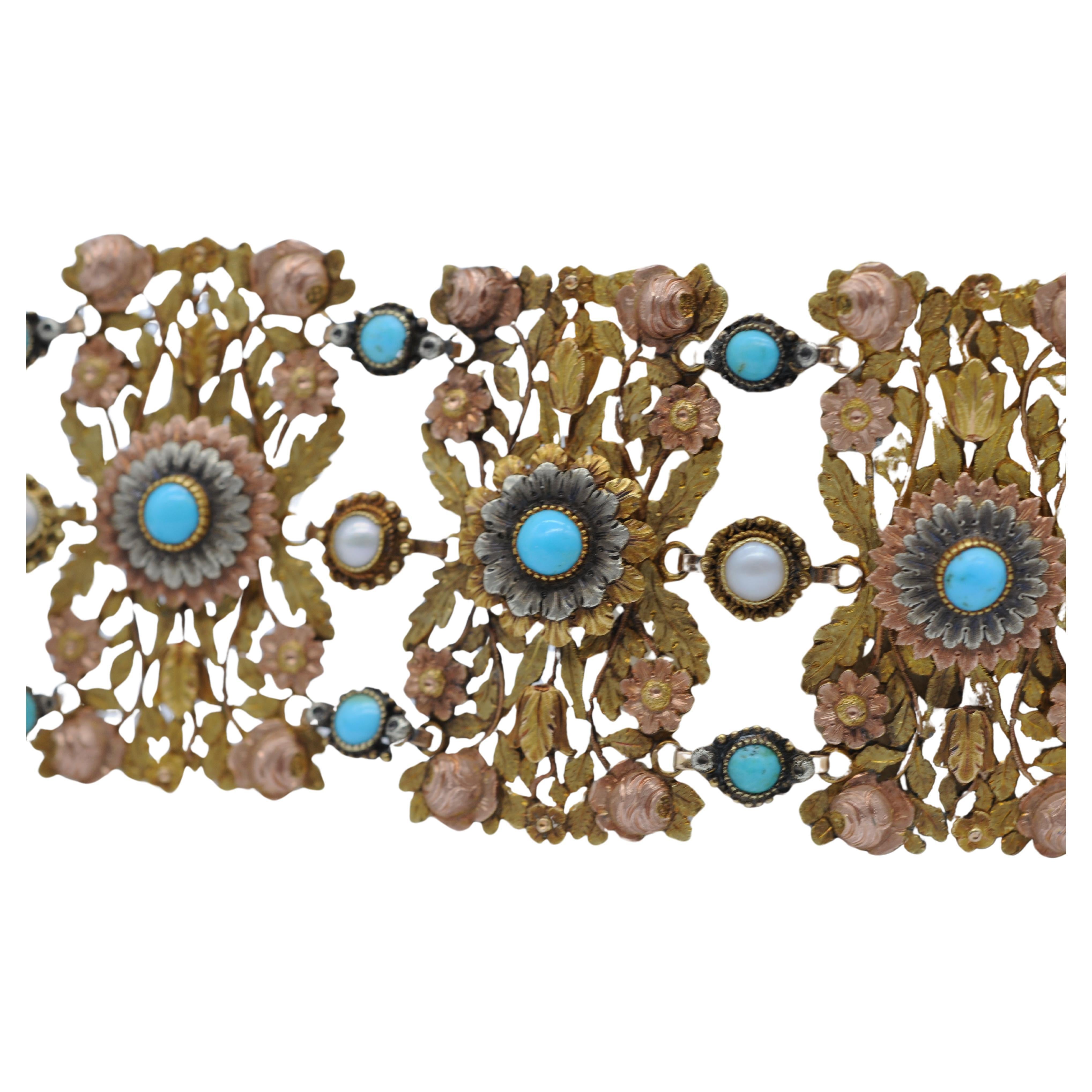 Taille pampille Bracelet Art déco en or tricolore 14 carats avec perles et turquoise  en vente