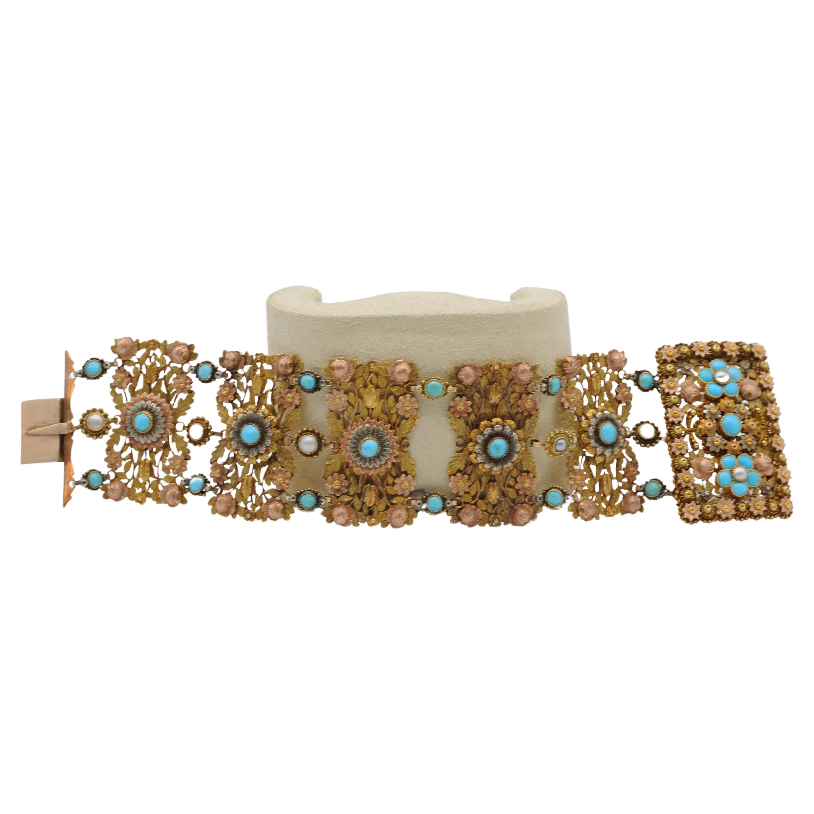 Art Deco bracelet with pearl and turquoise in 14k tricolor gold  In Good Condition For Sale In Berlin, BE