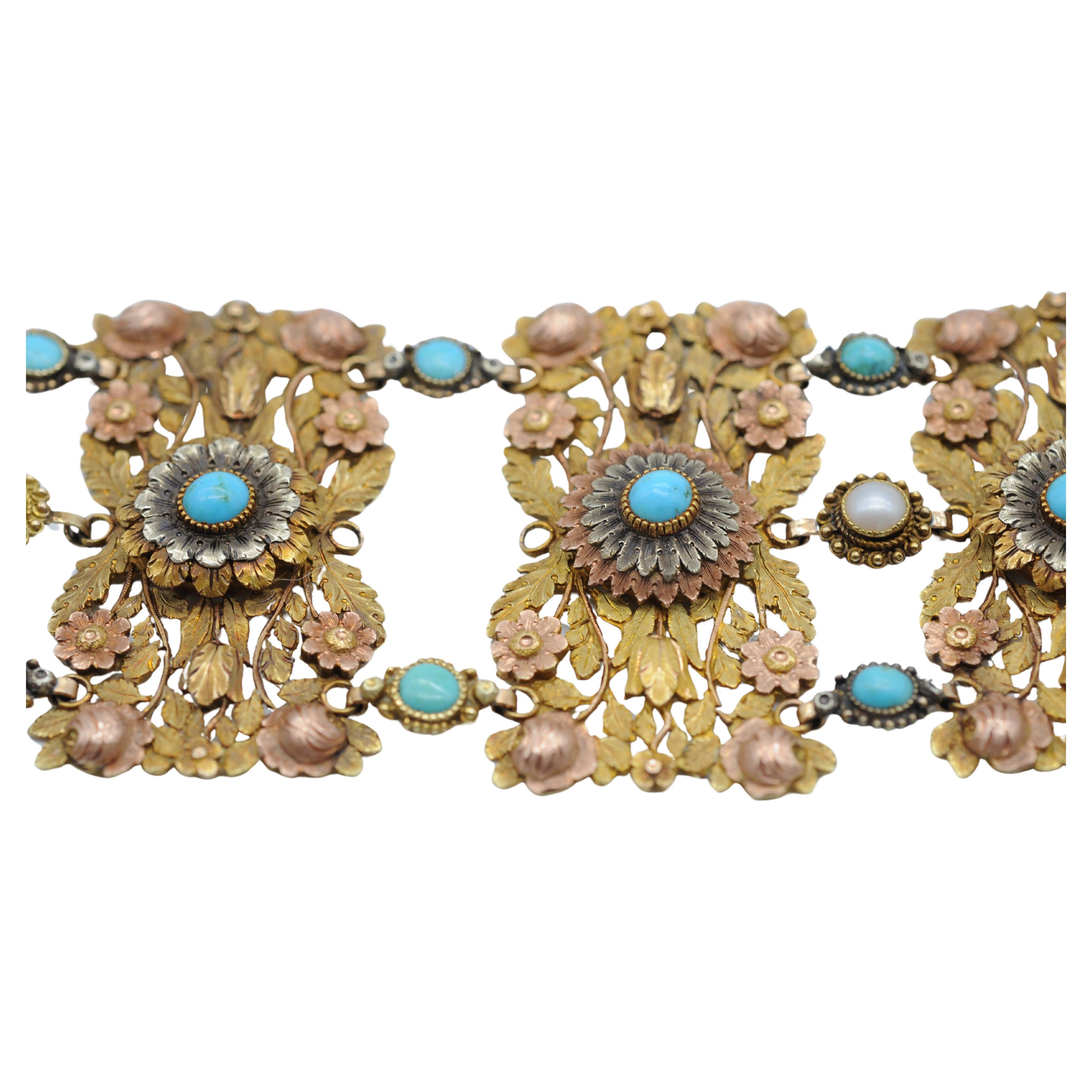 Bracelet Art déco en or tricolore 14 carats avec perles et turquoise  Unisexe en vente