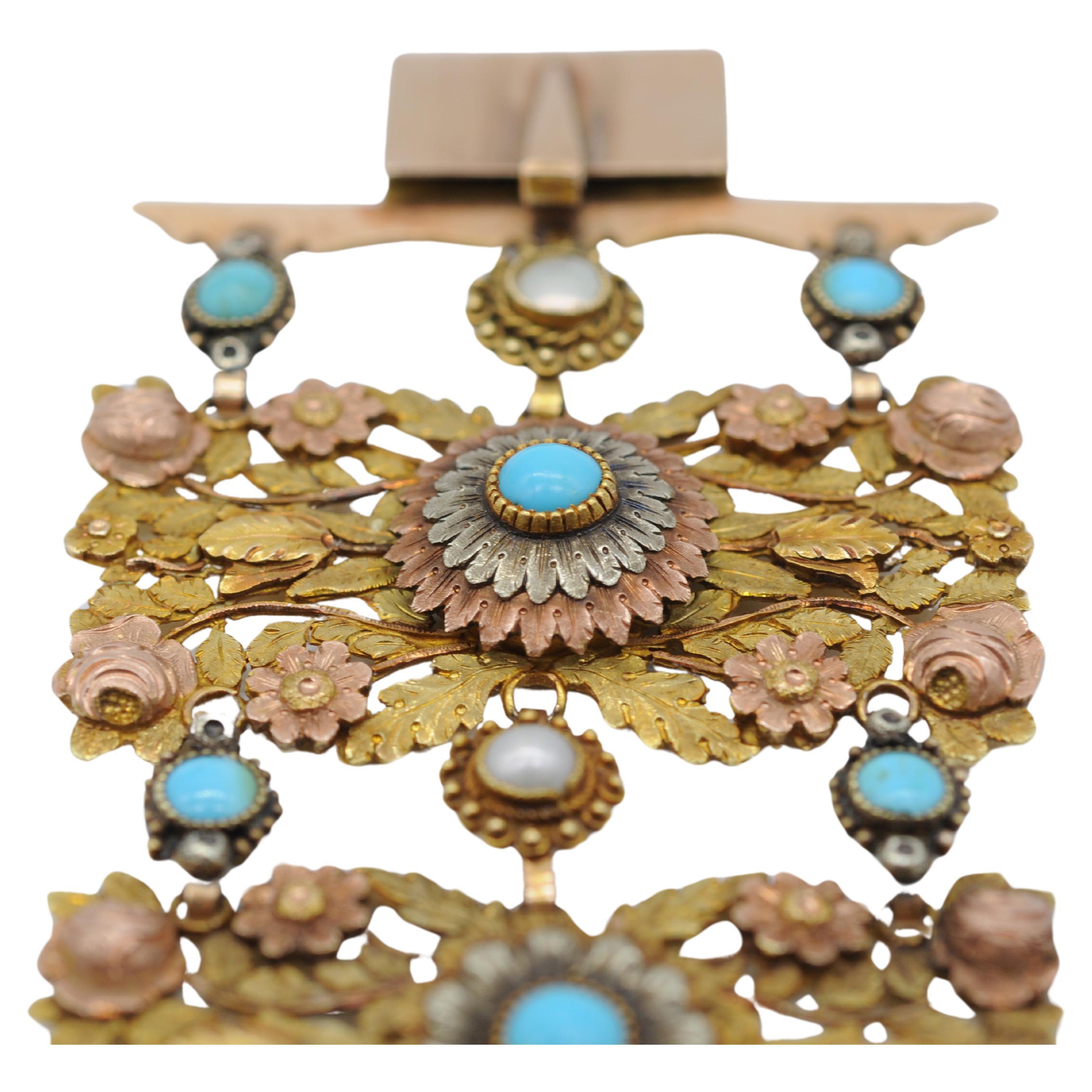 Bracelet Art déco en or tricolore 14 carats avec perles et turquoise  en vente 1