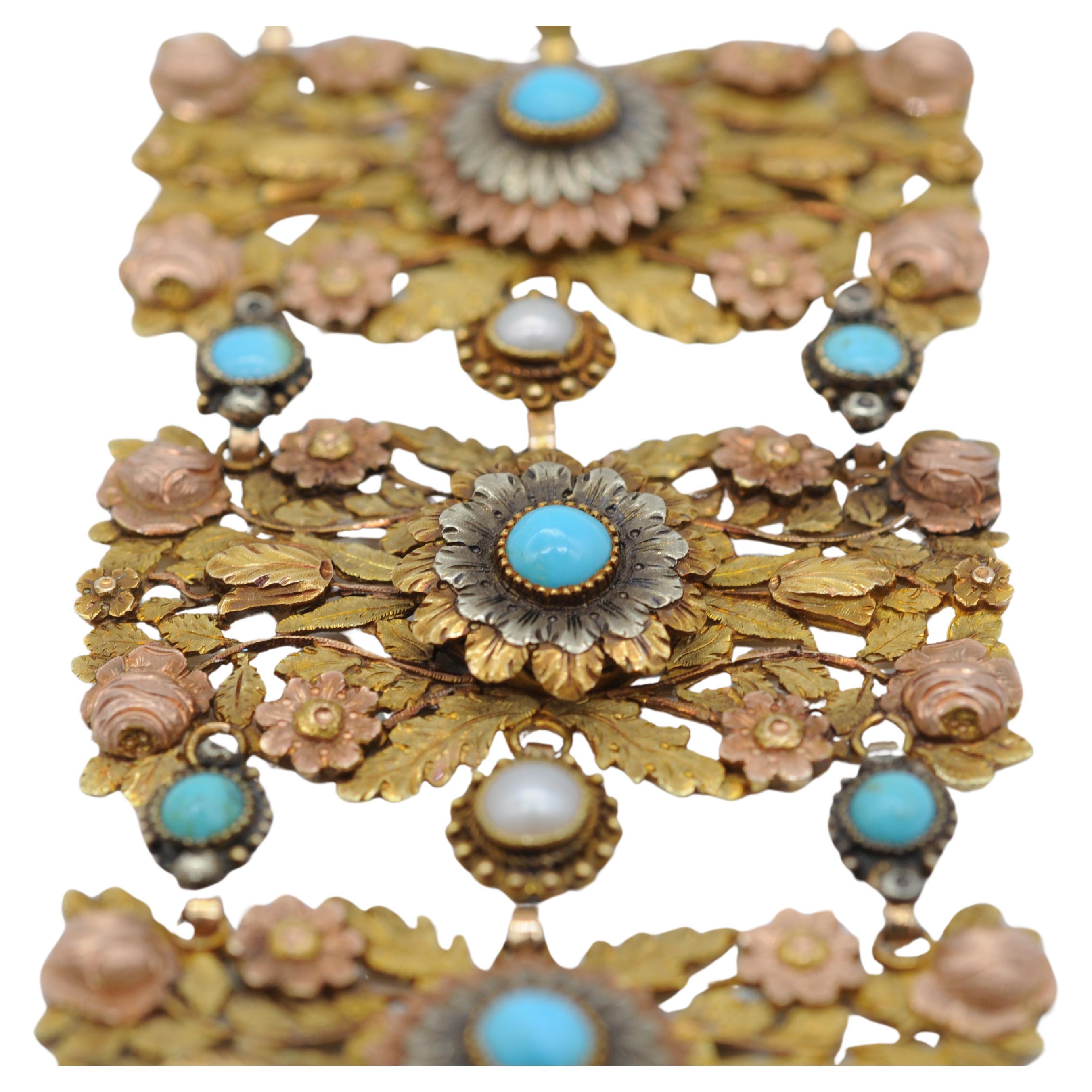 Bracelet Art déco en or tricolore 14 carats avec perles et turquoise  en vente 2