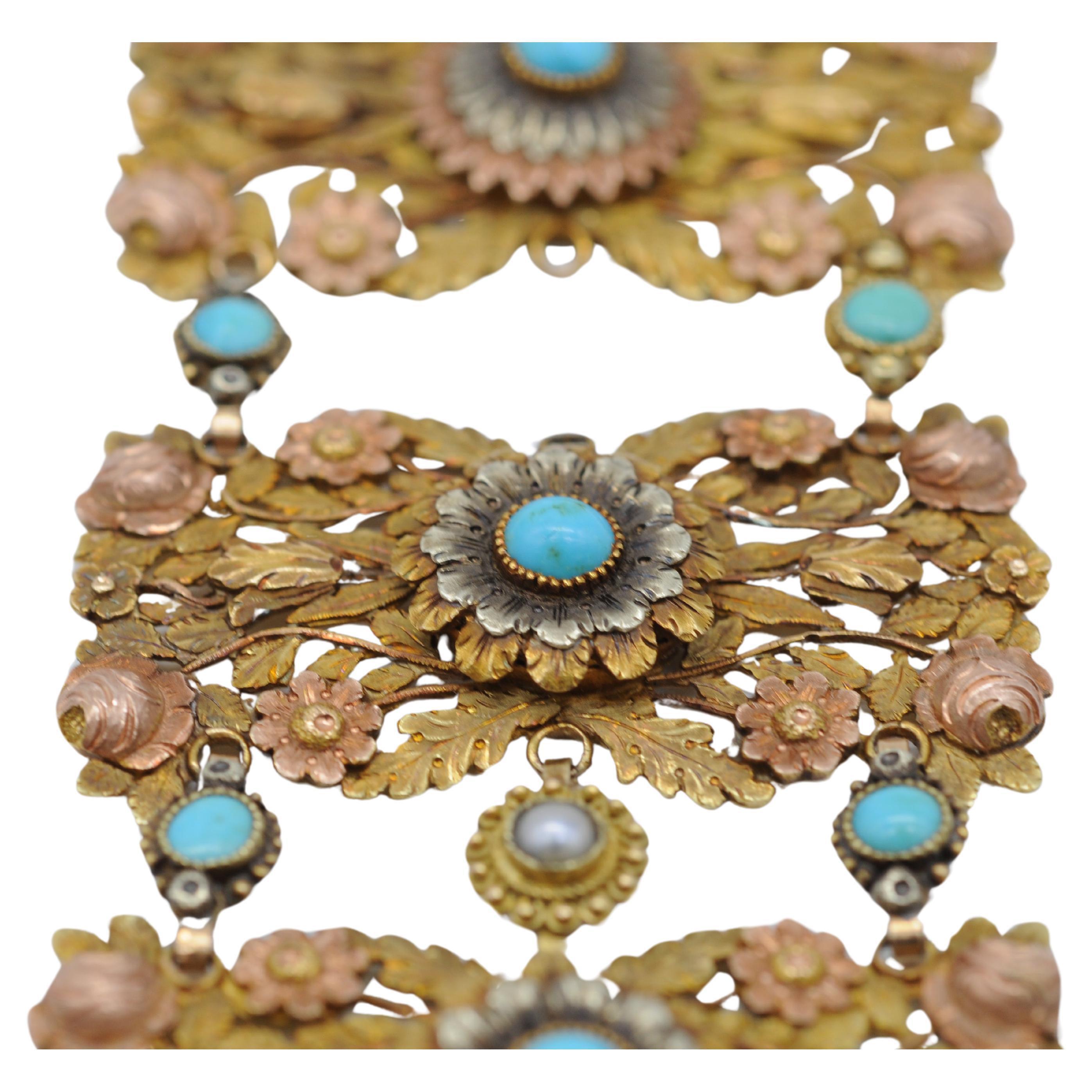 Bracelet Art déco en or tricolore 14 carats avec perles et turquoise  en vente 3