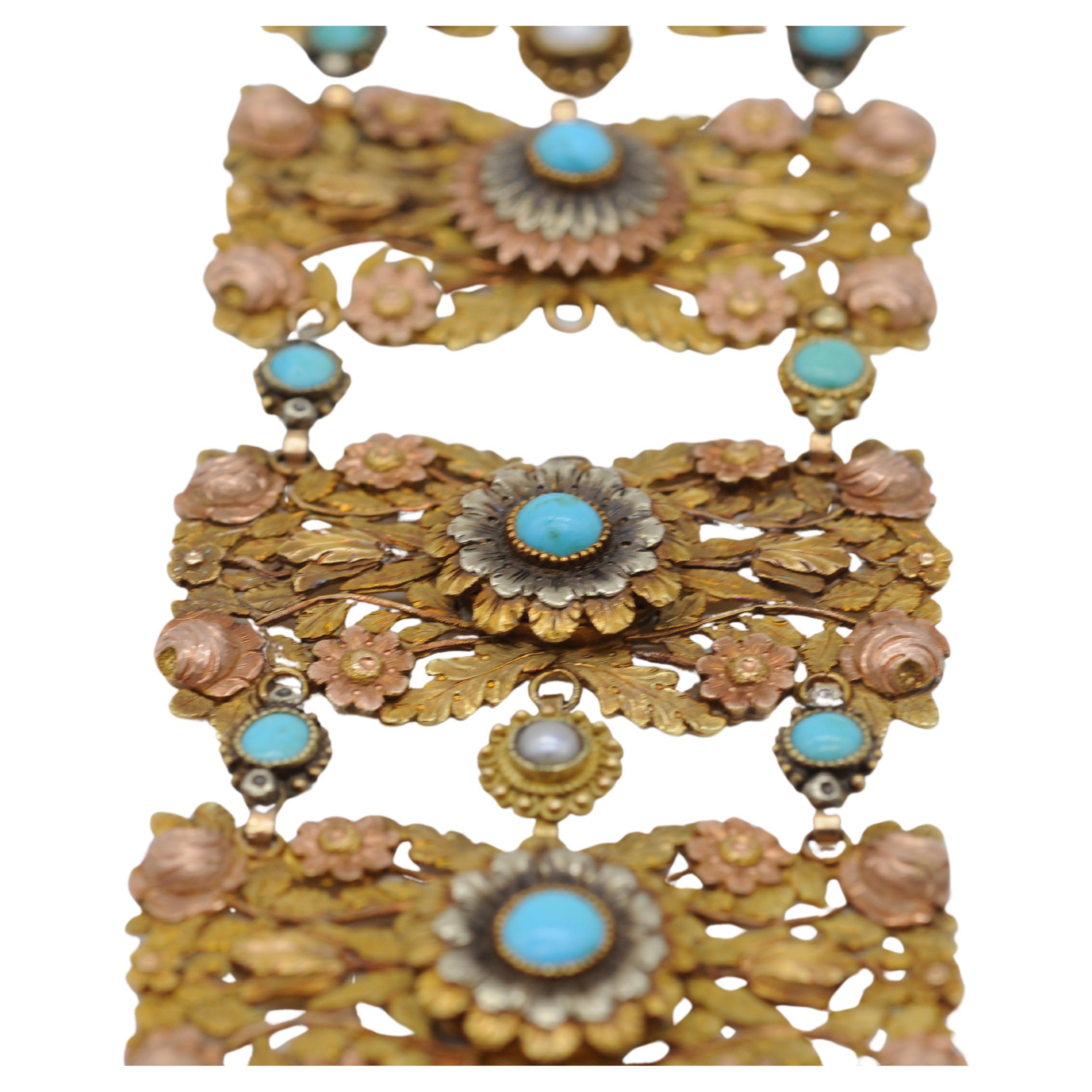 Bracelet Art déco en or tricolore 14 carats avec perles et turquoise  en vente 4