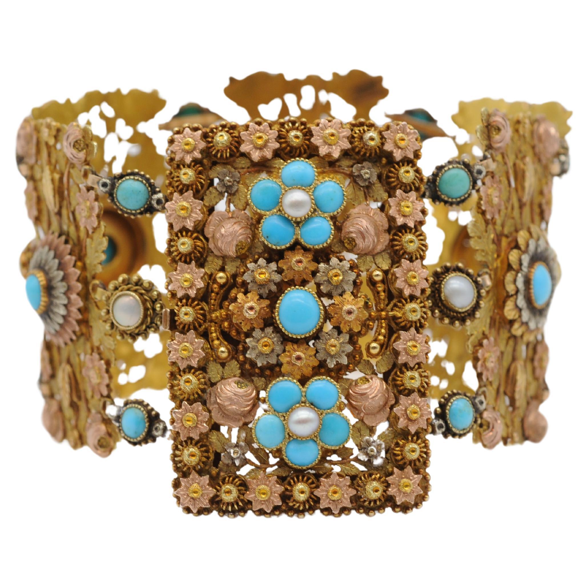 Bracelet Art déco en or tricolore 14 carats avec perles et turquoise  en vente