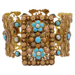 Bracelet Art déco en or tricolore 14 carats avec perles et turquoise