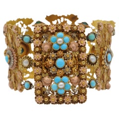 Antique Art Deco bracelet with pearl and turquoise in 14k tricolor gold 