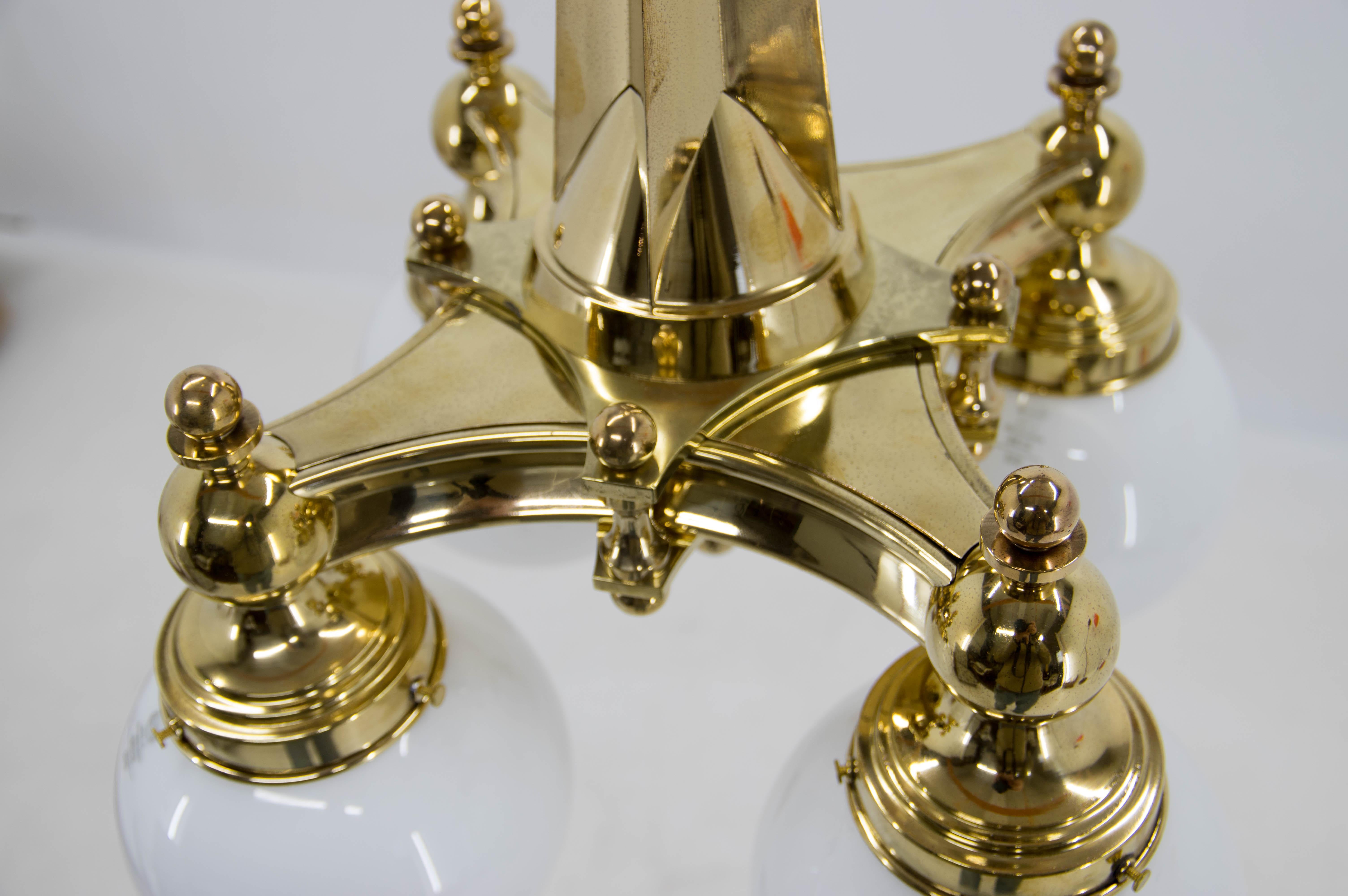 Art Deco Brass 4-Flamming Chandelier, 1920s, Restored For Sale 2