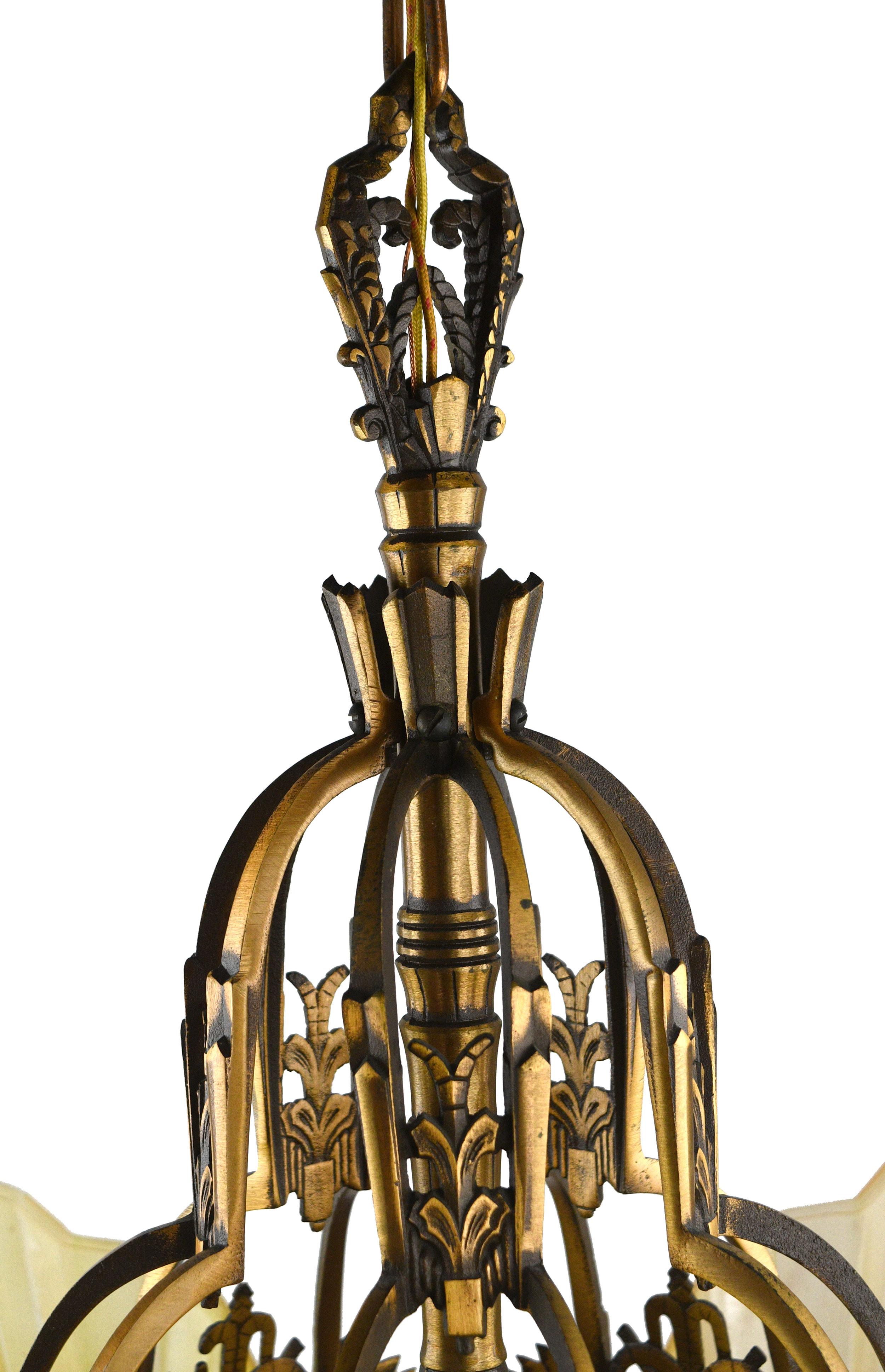 Art Deco Brass 5-Shade Slip Shade Chandelier 2