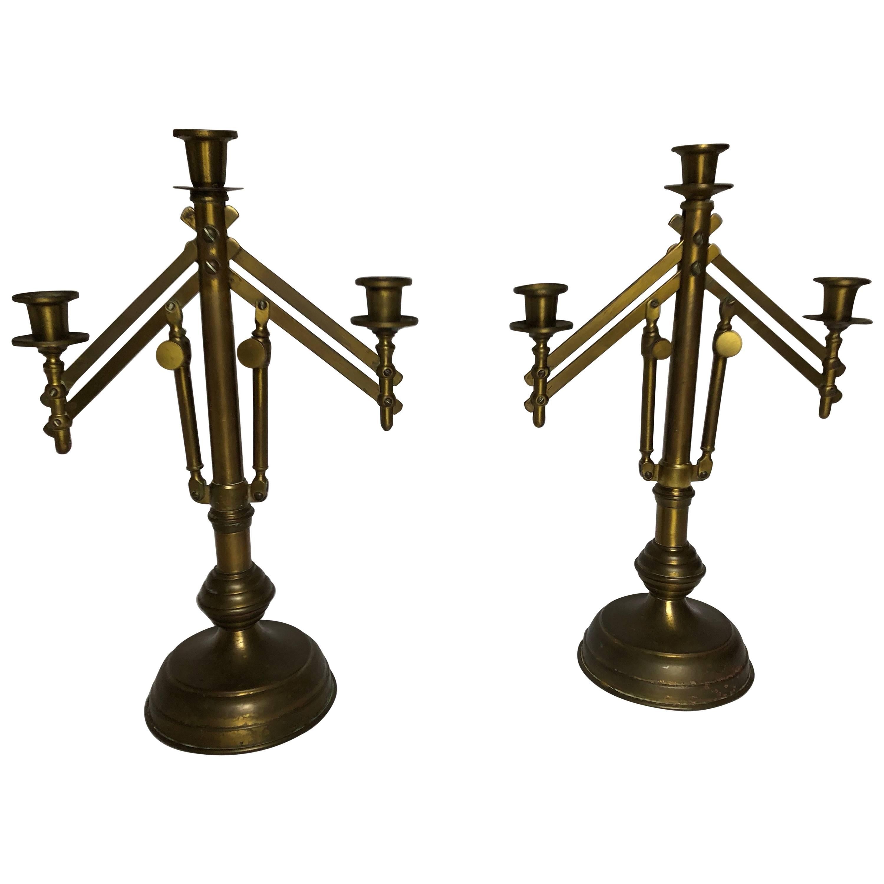 Art Deco Brass Adjustable Candelabras, Mission Style Adjustable Candelabra