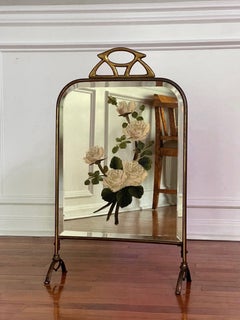 Art Deco Brass and Beveled Mirror Fire Screen with Painted Flowers
