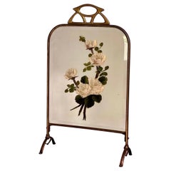 Art Deco Brass and Beveled Mirror Fire Screen with Painted Flowers