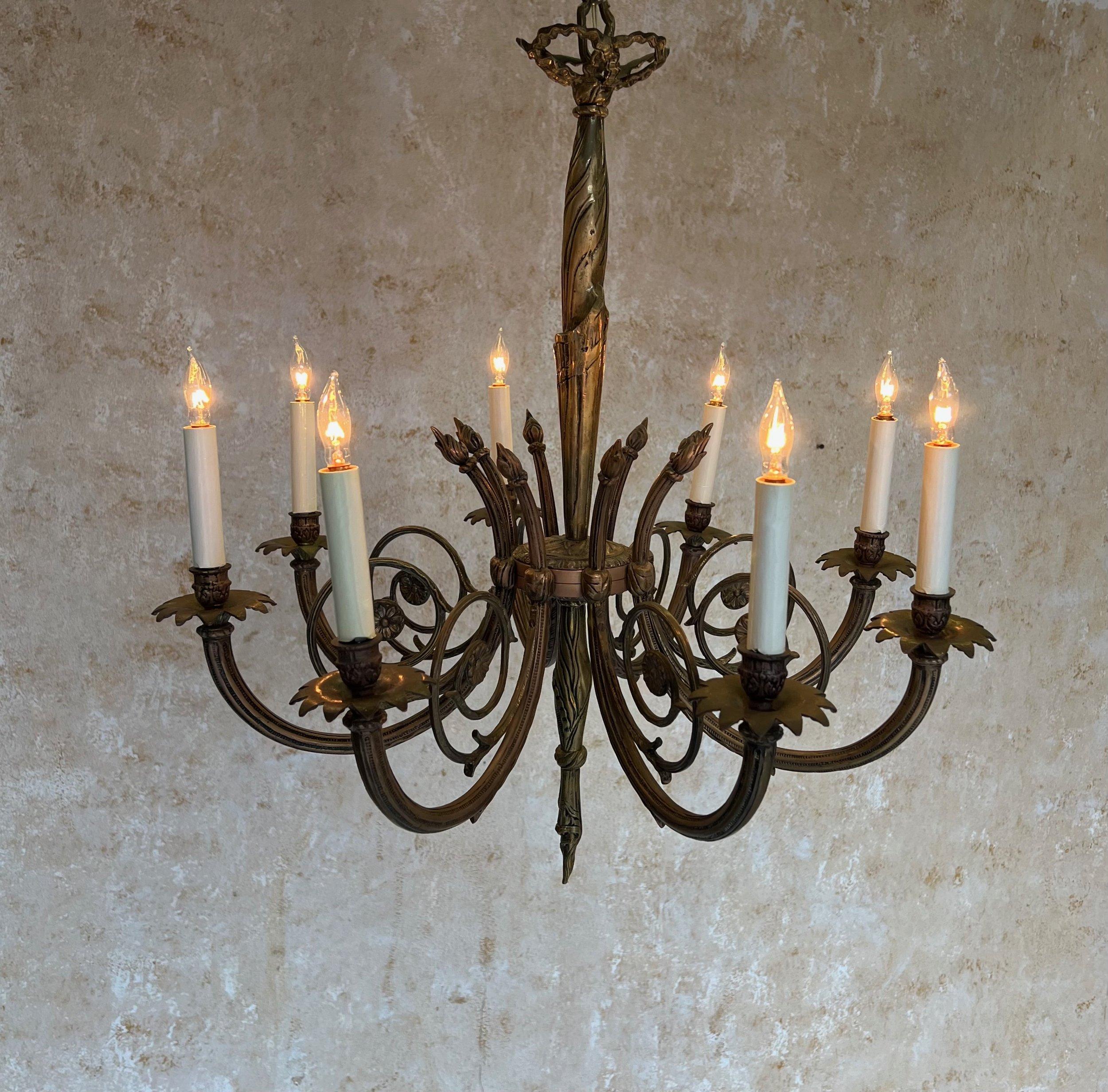 Art Deco Brass and Bronze French 1920's Eight Arm Chandelier For Sale 6