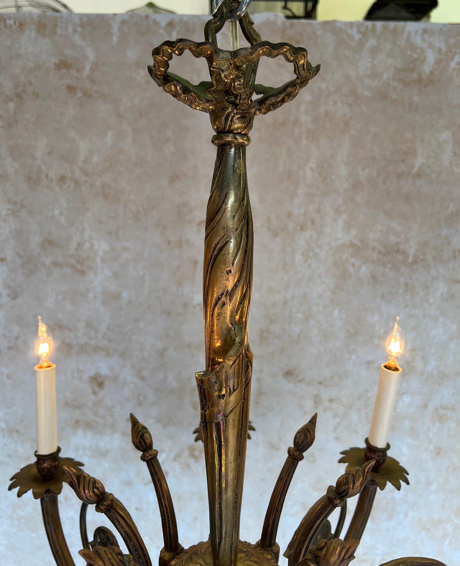 Art Deco Brass and Bronze French 1920's Eight Arm Chandelier For Sale 7