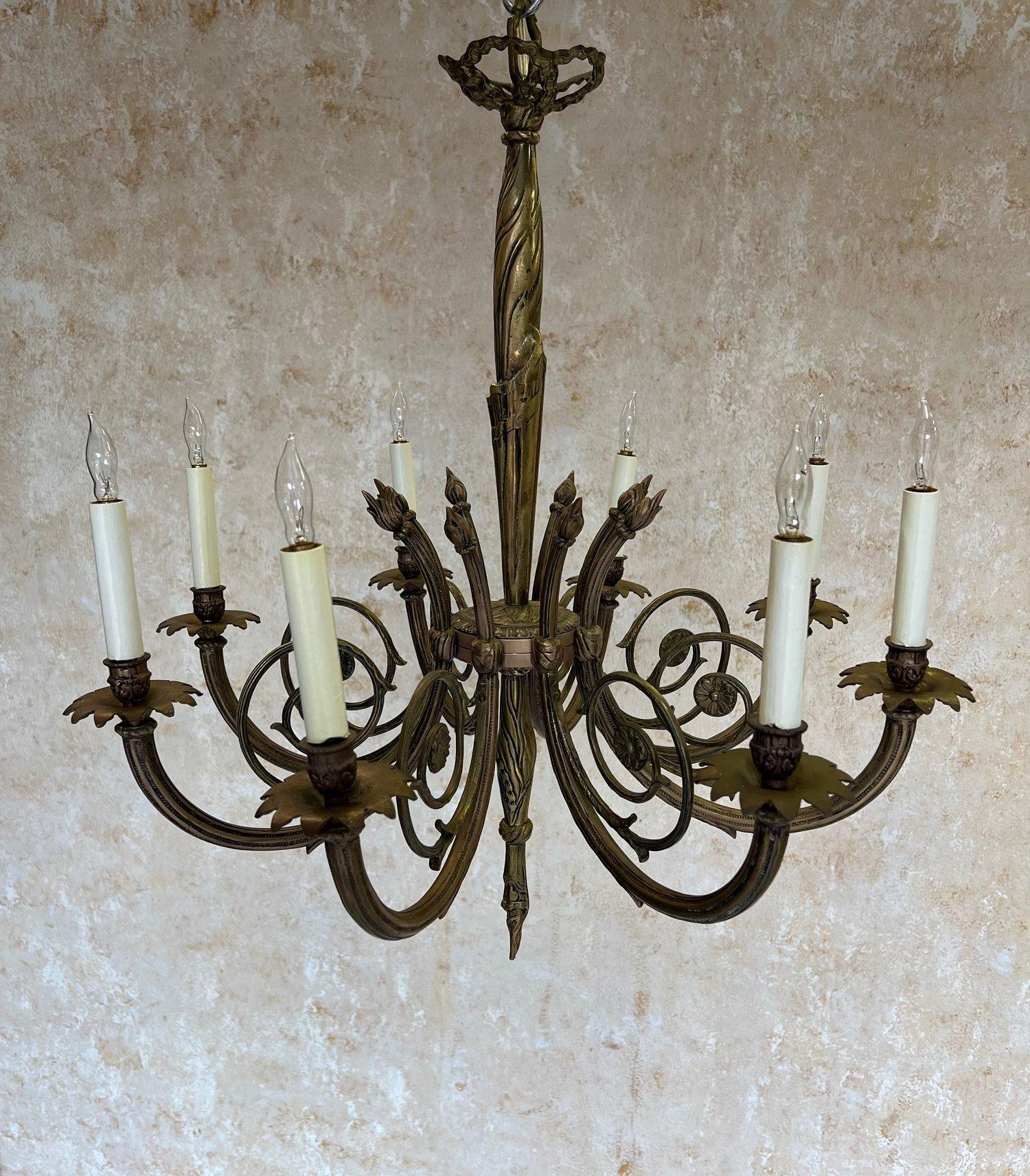 Art Deco Brass and Bronze French 1920's Eight Arm Chandelier For Sale 8