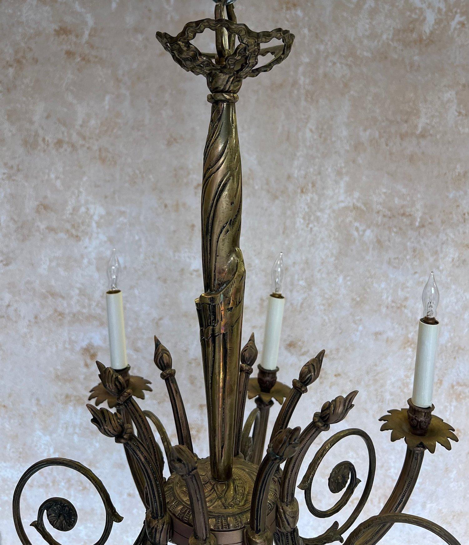 Art Deco Brass and Bronze French 1920's Eight Arm Chandelier For Sale 9