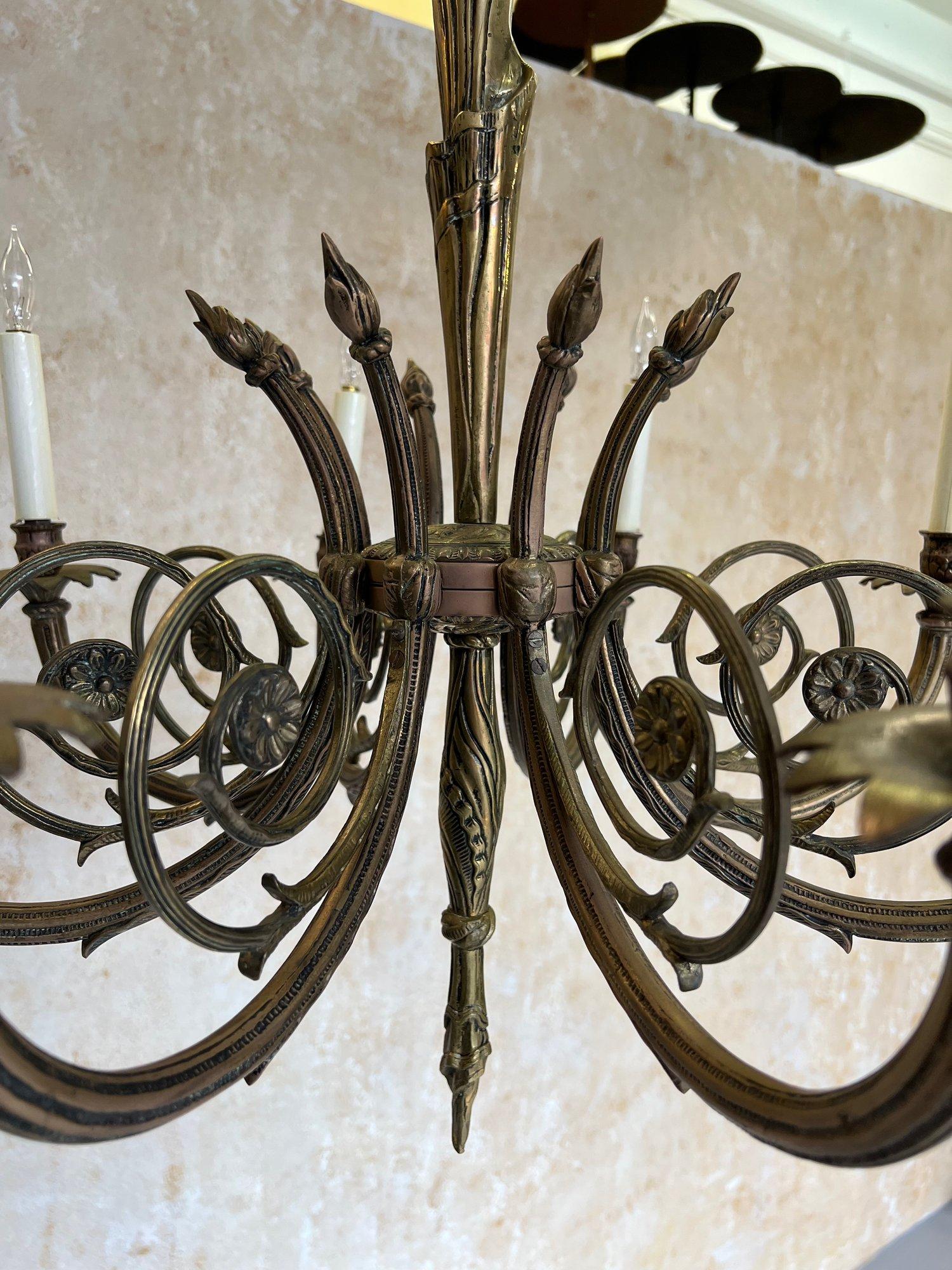 Art Deco Brass and Bronze French 1920's Eight Arm Chandelier For Sale 12