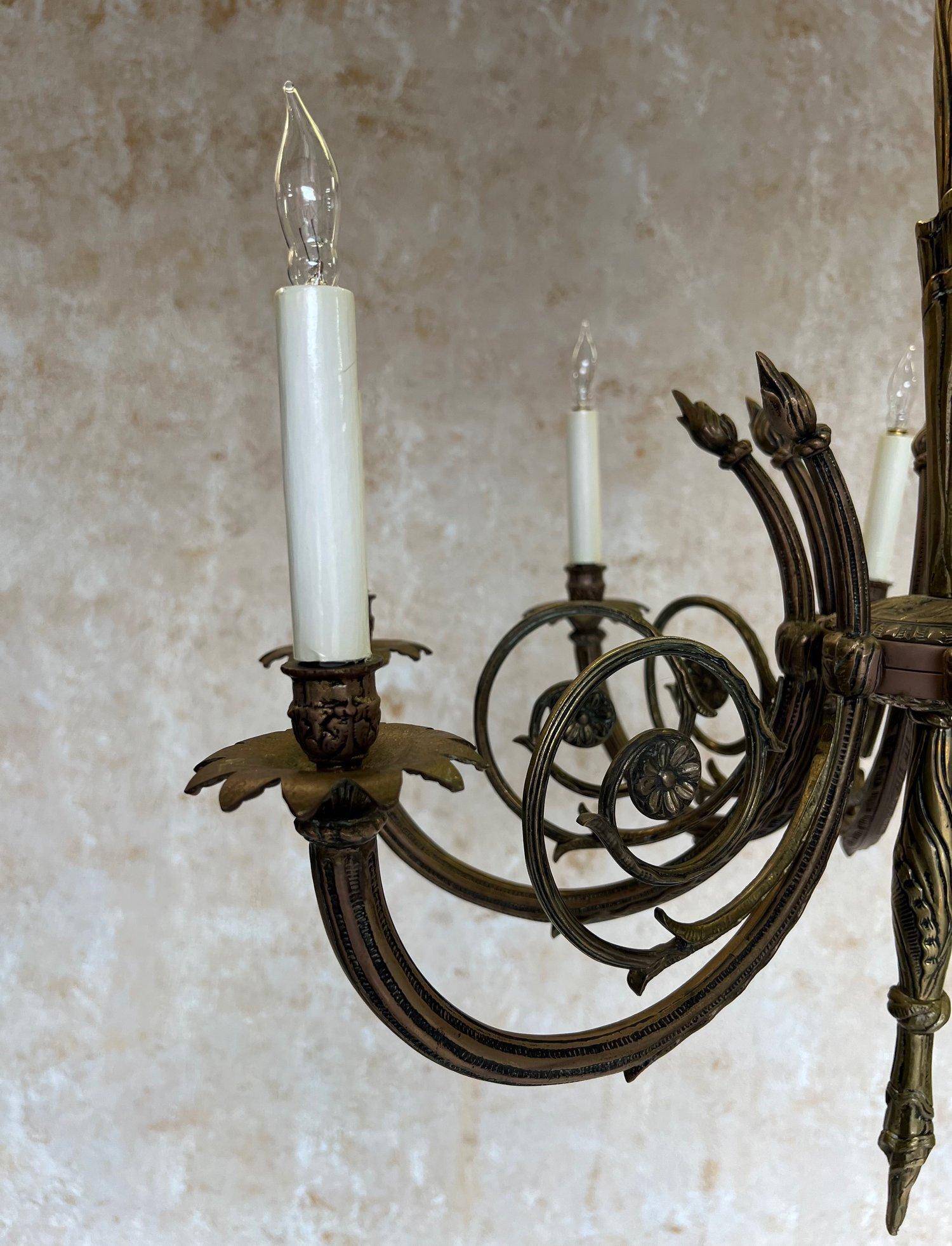 Art Deco Brass and Bronze French 1920's Eight Arm Chandelier For Sale 13