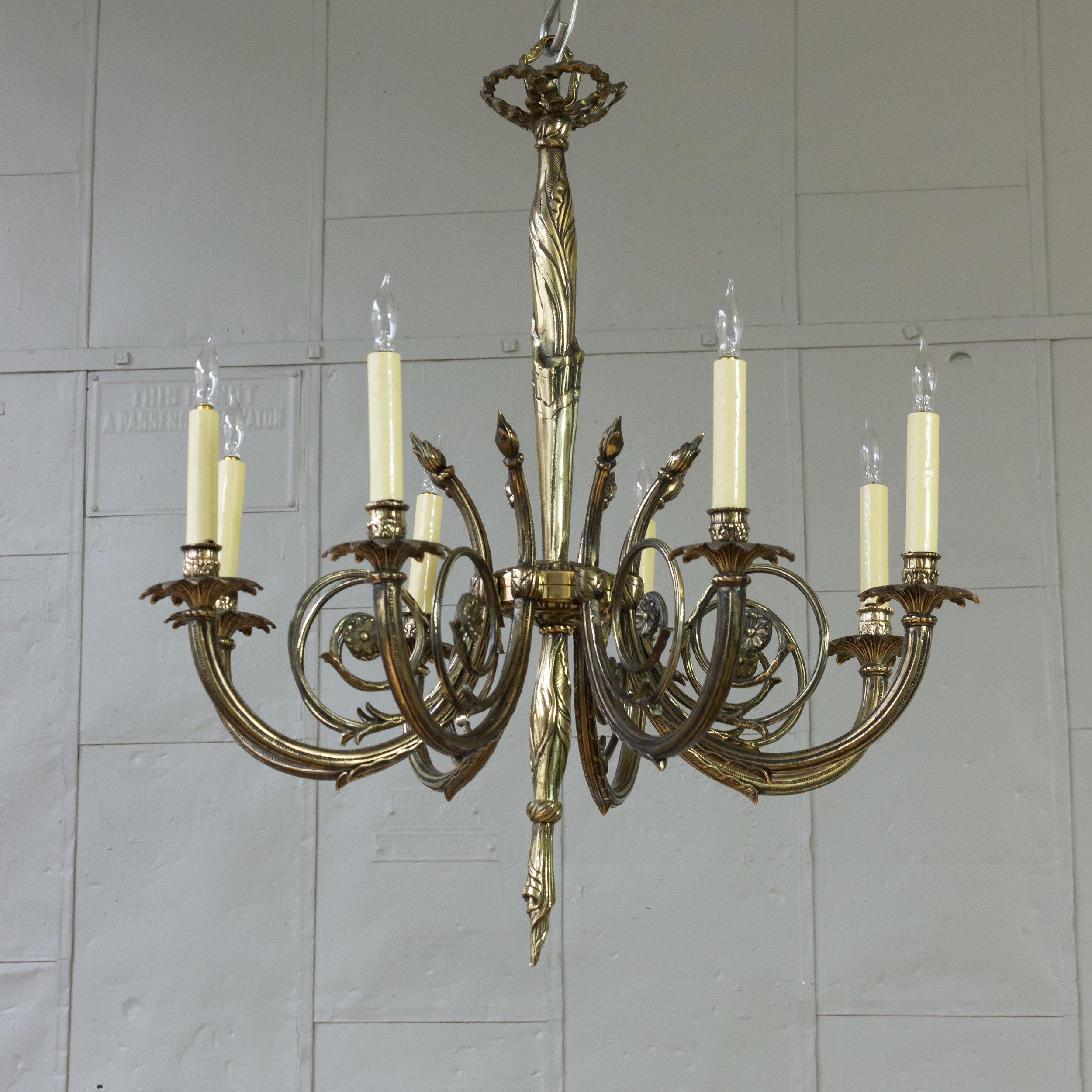 Art Deco Brass and Bronze French 1920's Eight Arm Chandelier For Sale 16