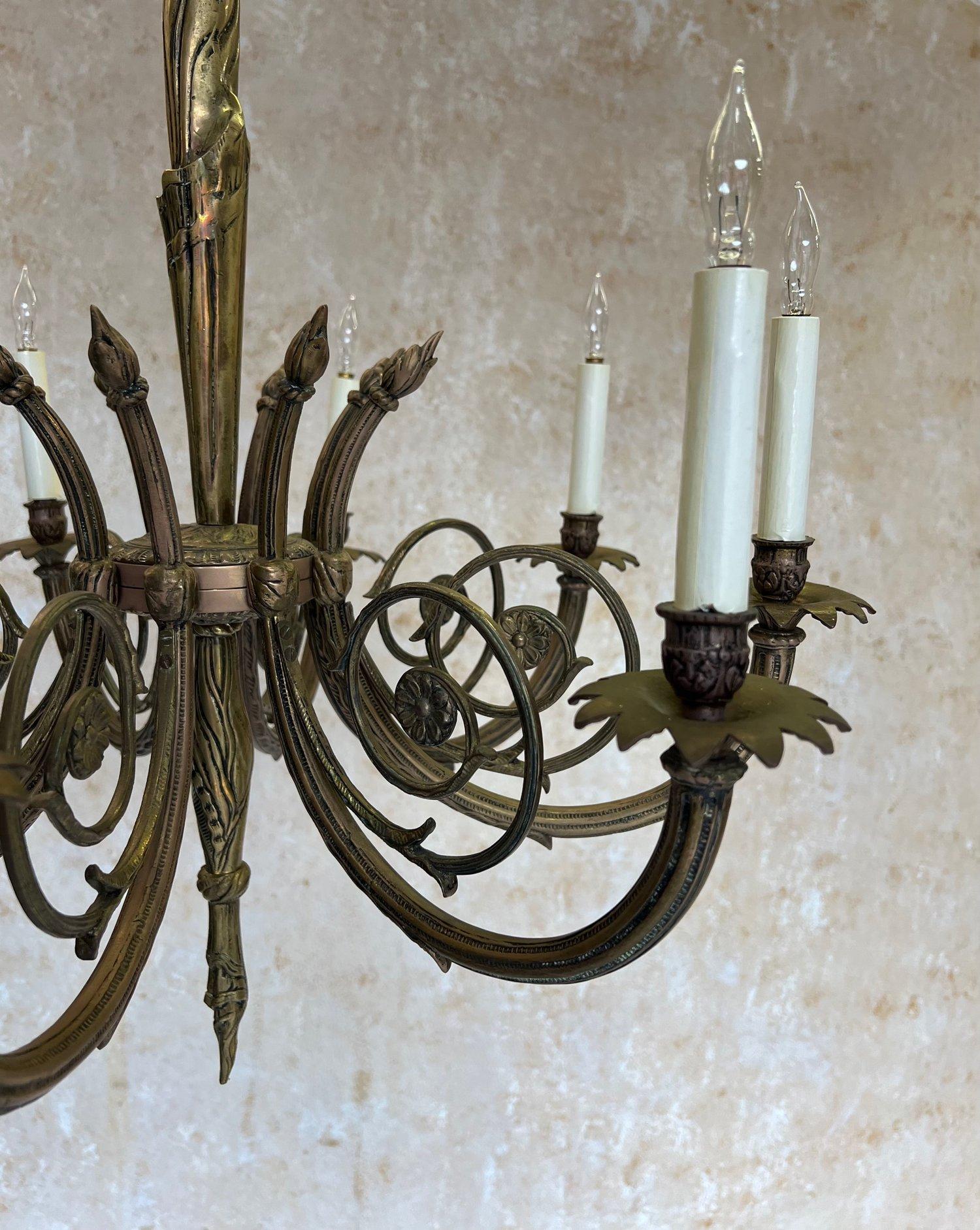 Art Deco Brass and Bronze French 1920's Eight Arm Chandelier In Good Condition For Sale In Buchanan, NY