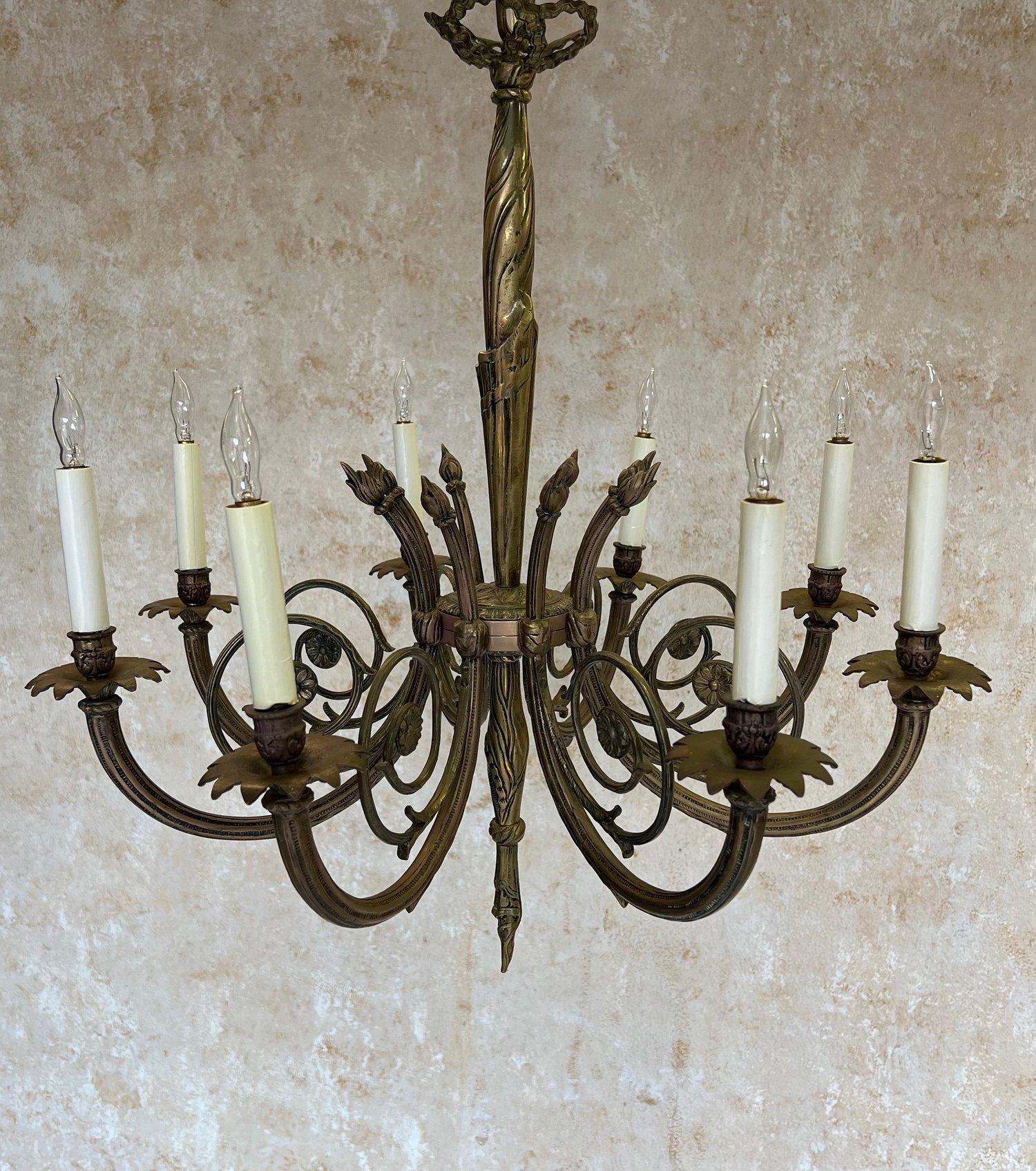 Early 20th Century Art Deco Brass and Bronze French 1920's Eight Arm Chandelier For Sale