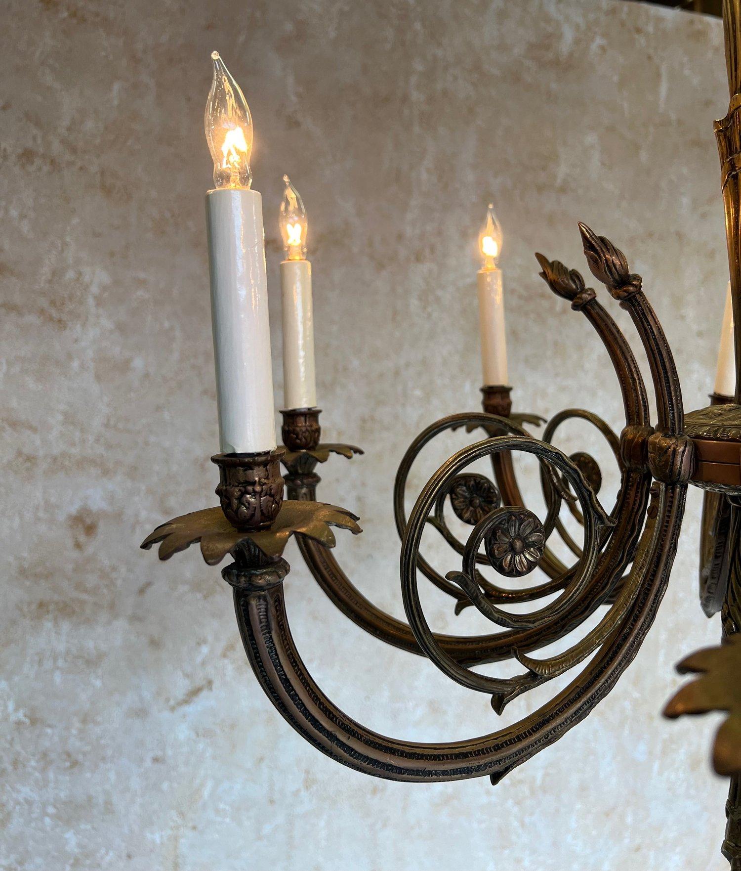 Art Deco Brass and Bronze French 1920's Eight Arm Chandelier For Sale 5