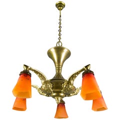 Art Deco Brass and Bronze Six-Light Chandelier with Red and Orange Glass Shades