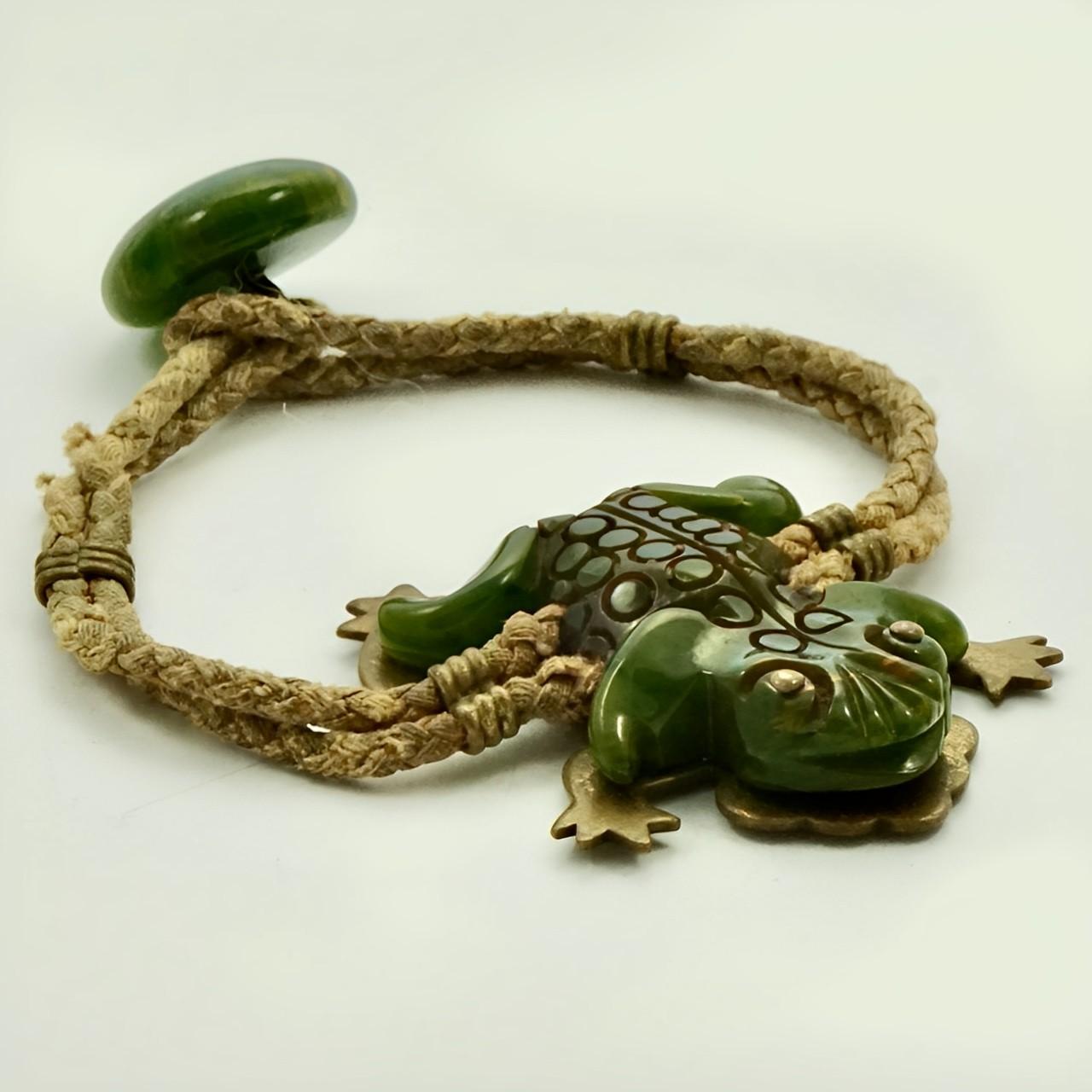 Art Deco Brass and Carved Bakelite Marbled Green Frog Bracelet with Plaited Cord 1