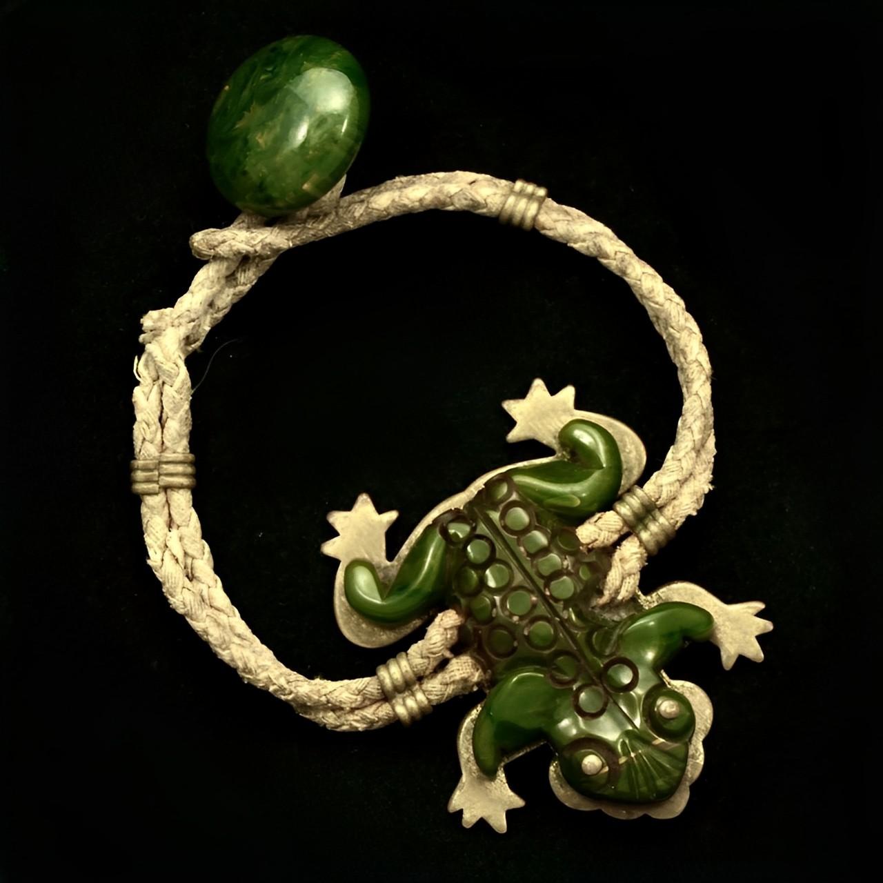 Art Deco Brass and Carved Bakelite Marbled Green Frog Bracelet with Plaited Cord 2