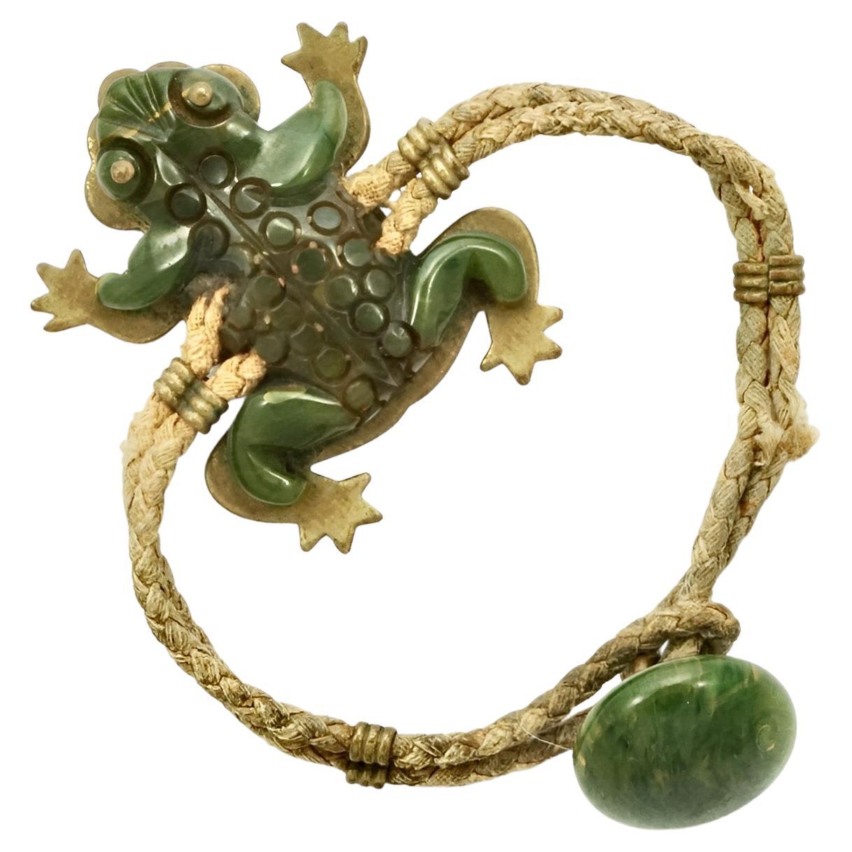 Art Deco Brass and Carved Bakelite Marbled Green Frog Bracelet with Plaited Cord