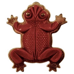 Vintage Art Deco Brass and Carved Bakelite Red Frog Dress Clip