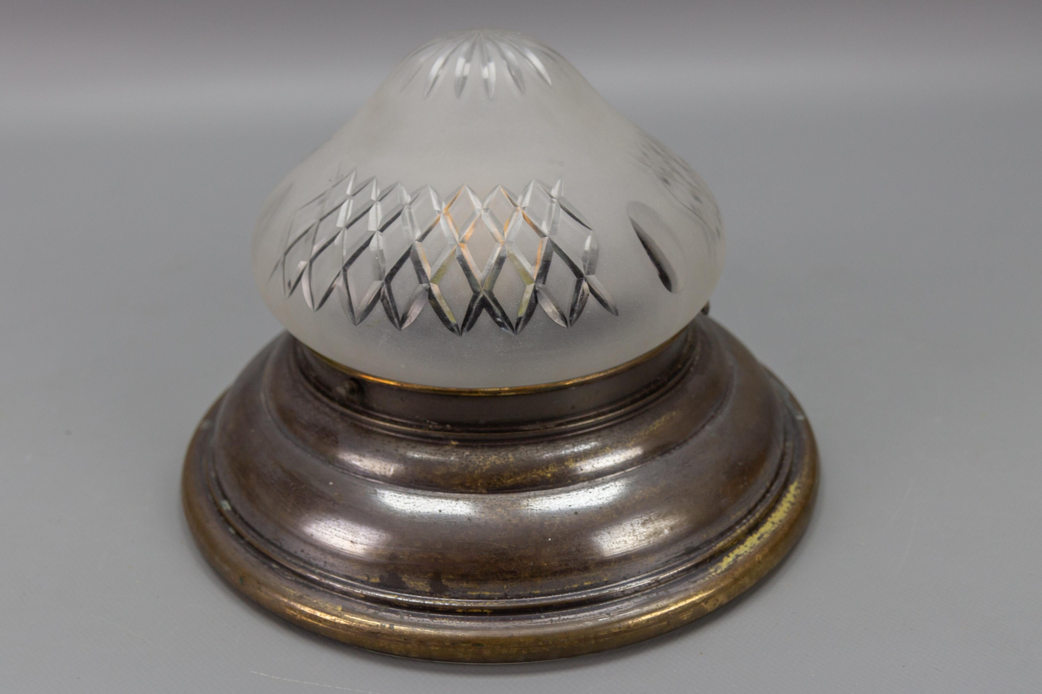 Art Deco Brass and Cut White Frosted Glass Flush Mount, circa 1930 For Sale 5
