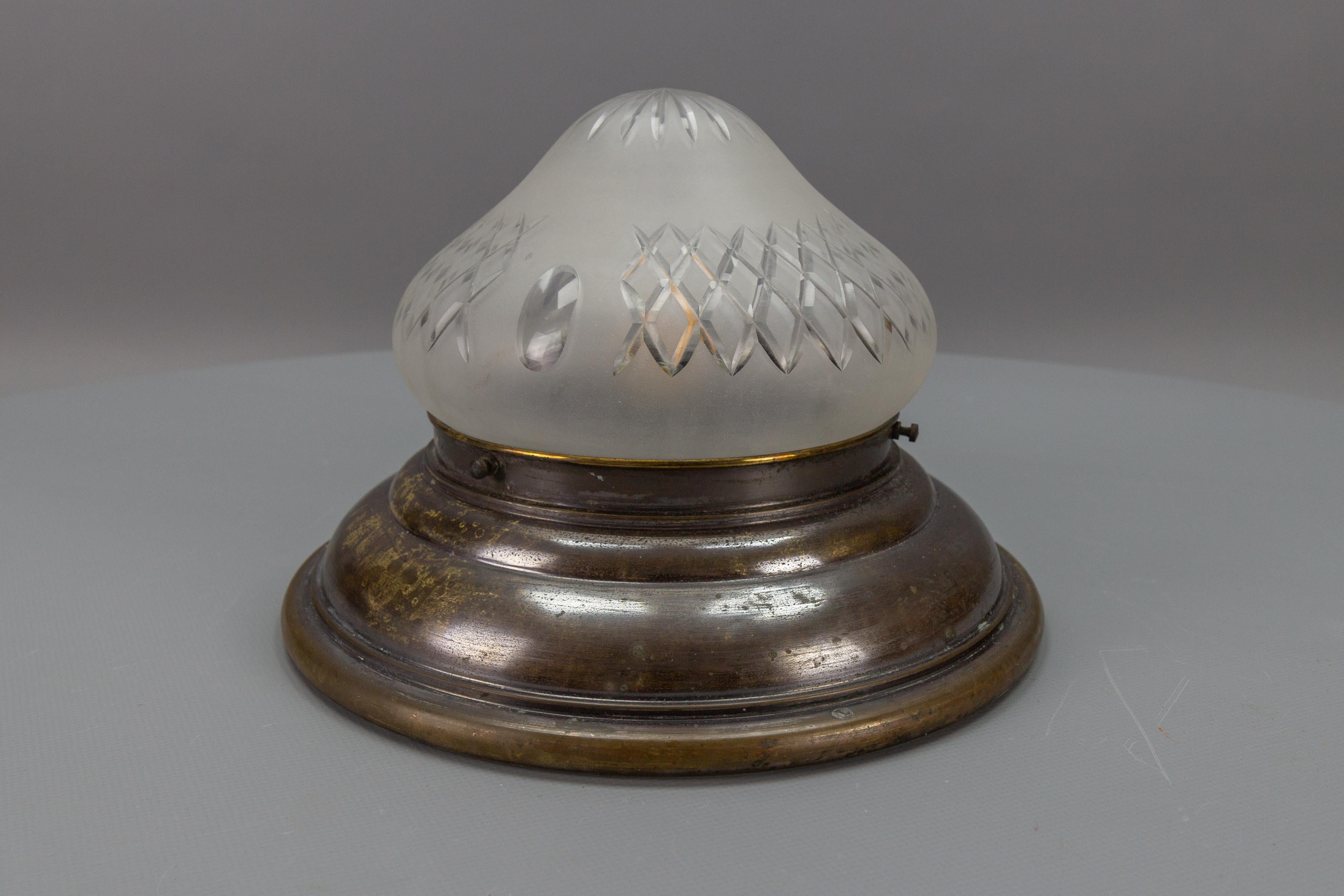Art Deco Brass and Cut White Frosted Glass Flush Mount, circa 1930 For Sale 13