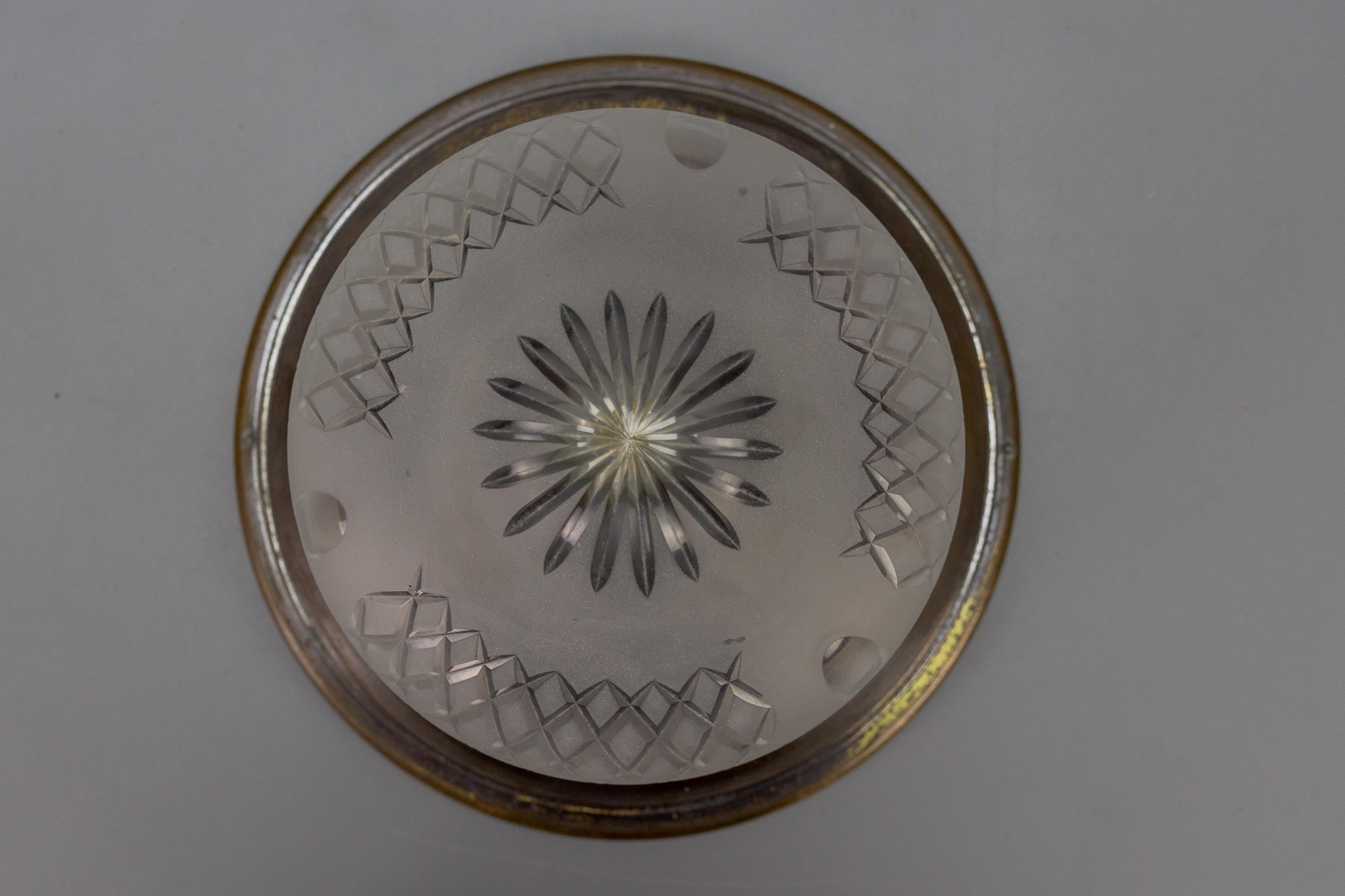 Mid-20th Century Art Deco Brass and Cut White Frosted Glass Flush Mount, circa 1930 For Sale