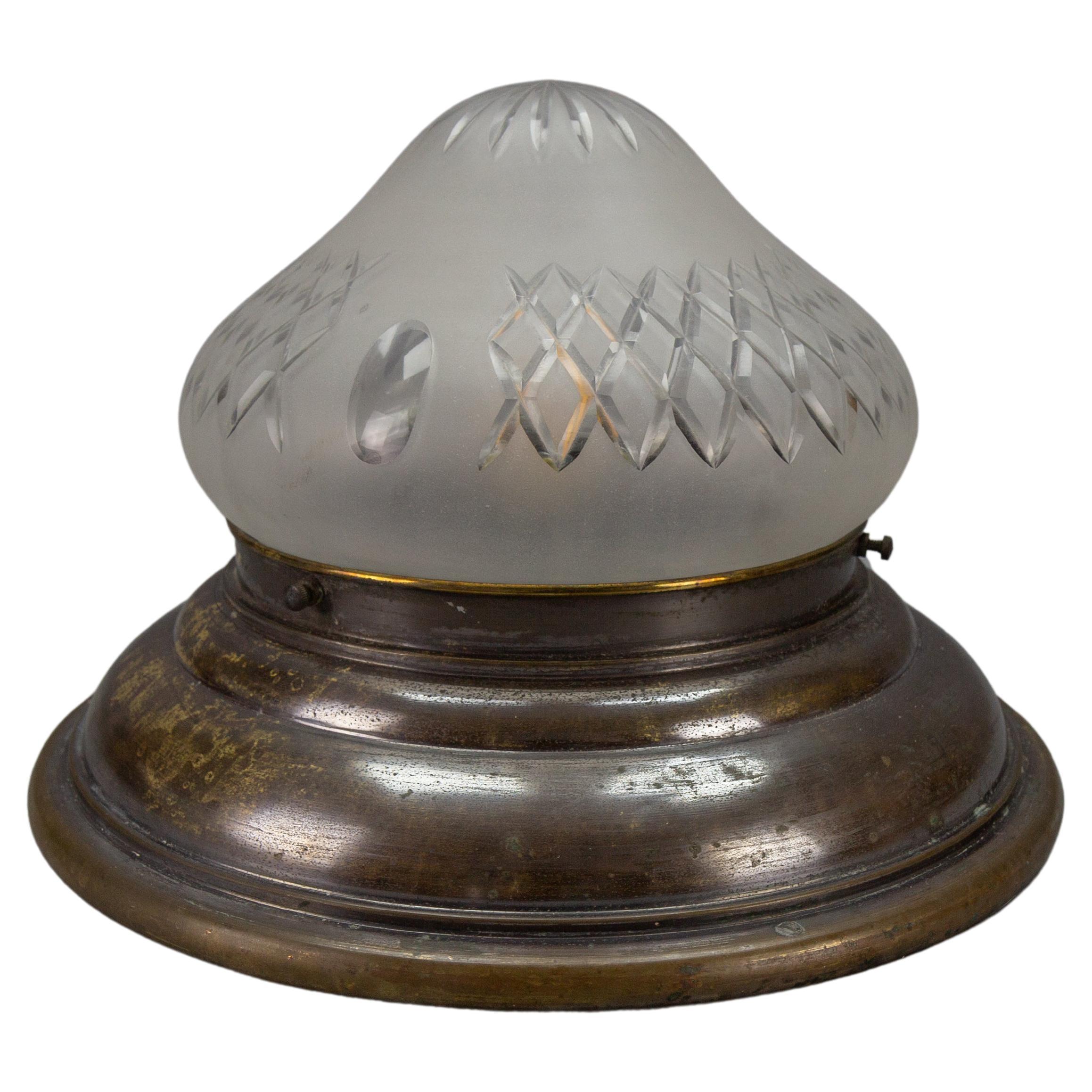 Art Deco Brass and Cut White Frosted Glass Flush Mount, circa 1930 For Sale