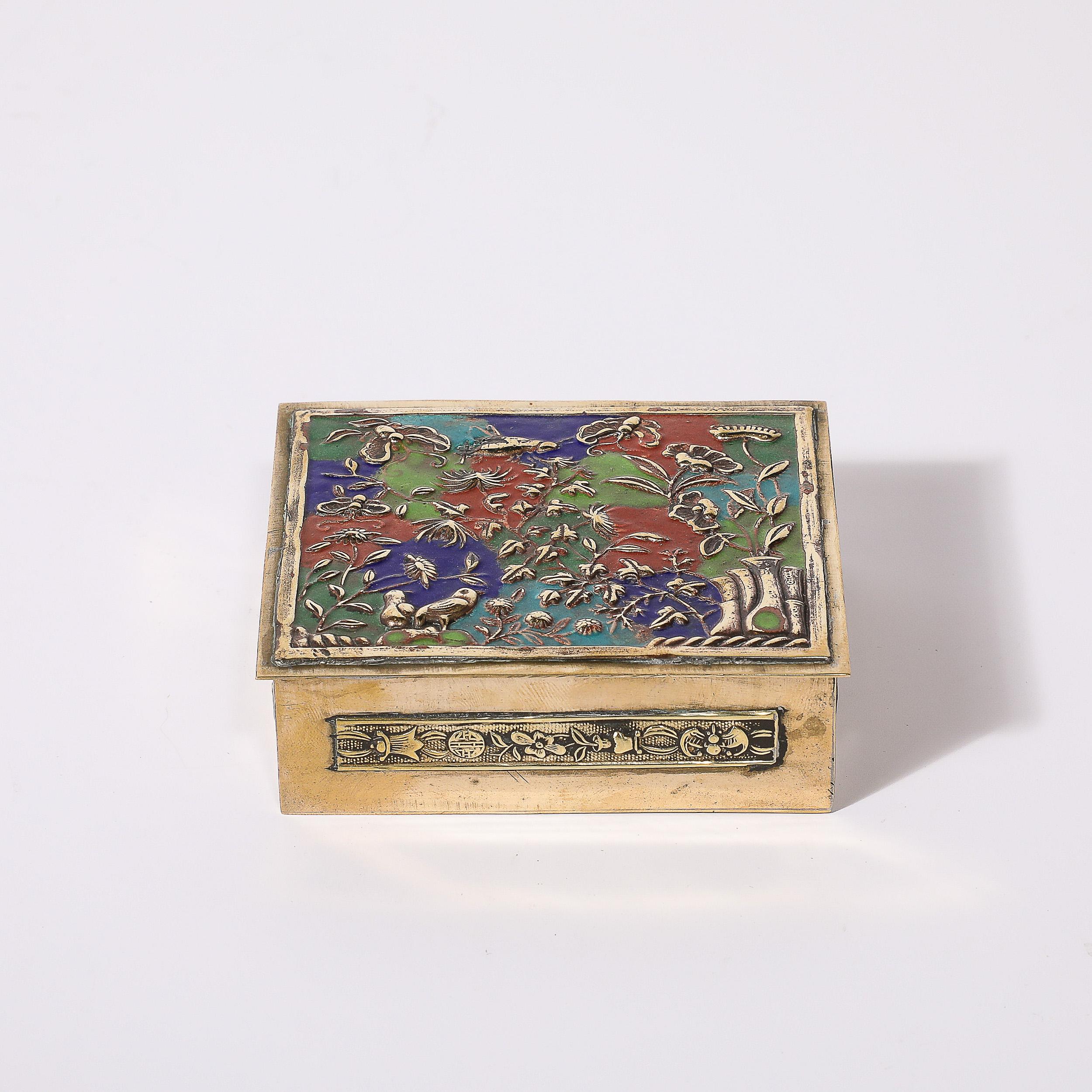 Art Deco Brass and Enamel Box W/ Naturalist Imagery in Relief Cloisonne In Excellent Condition In New York, NY