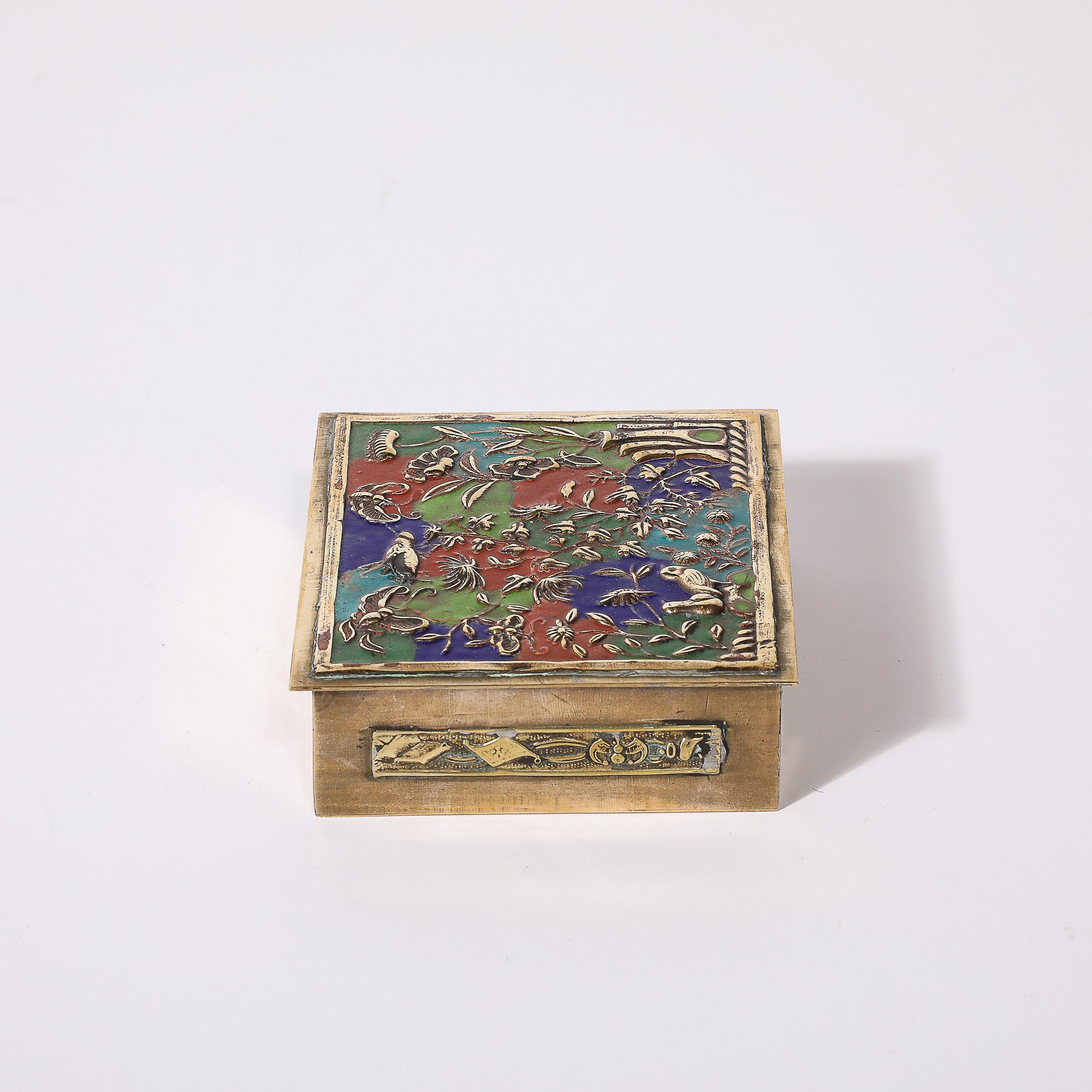 Art Deco Brass and Enamel Box W/ Naturalist Imagery in Relief Cloisonne For Sale 1