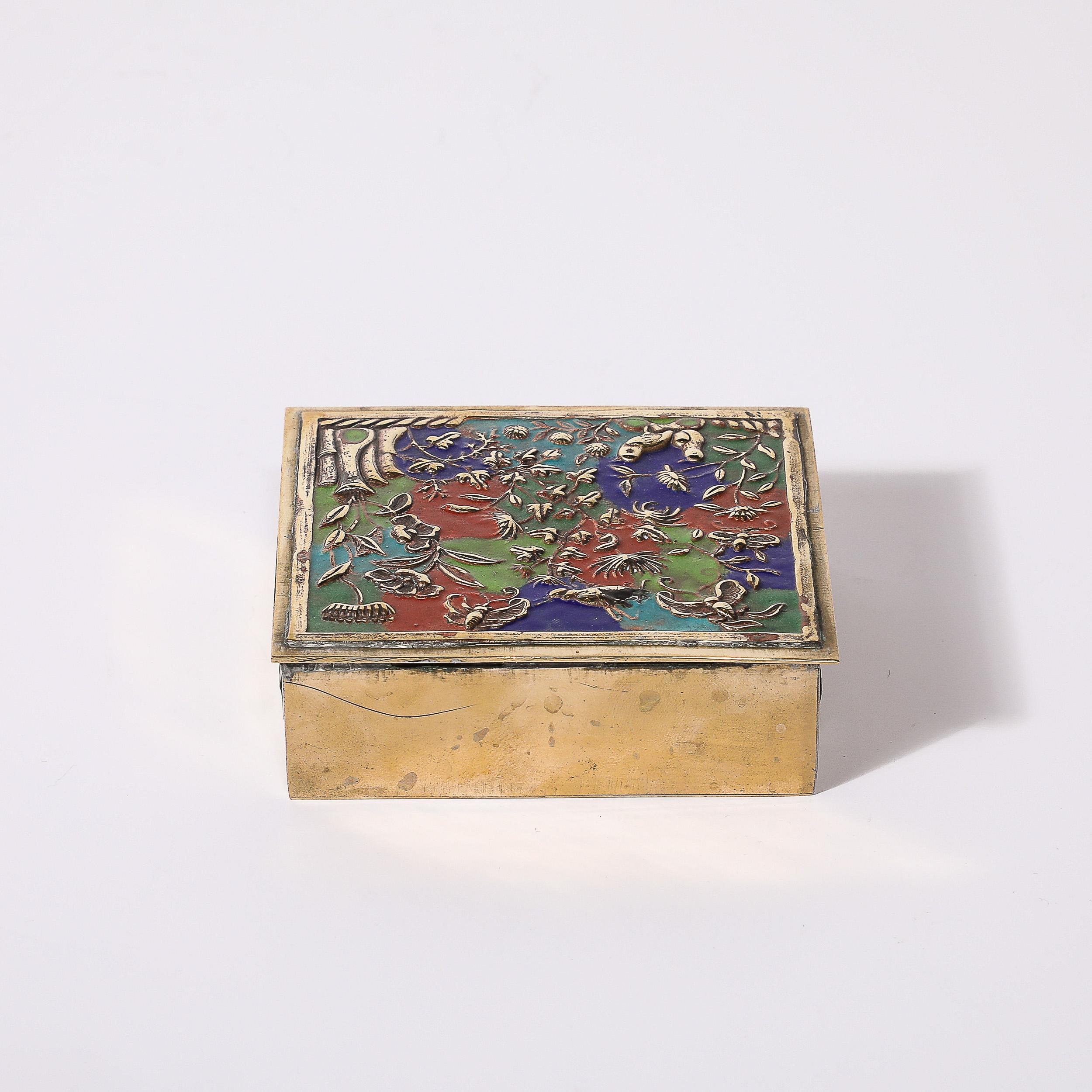 Art Deco Brass and Enamel Box W/ Naturalist Imagery in Relief Cloisonne For Sale 2