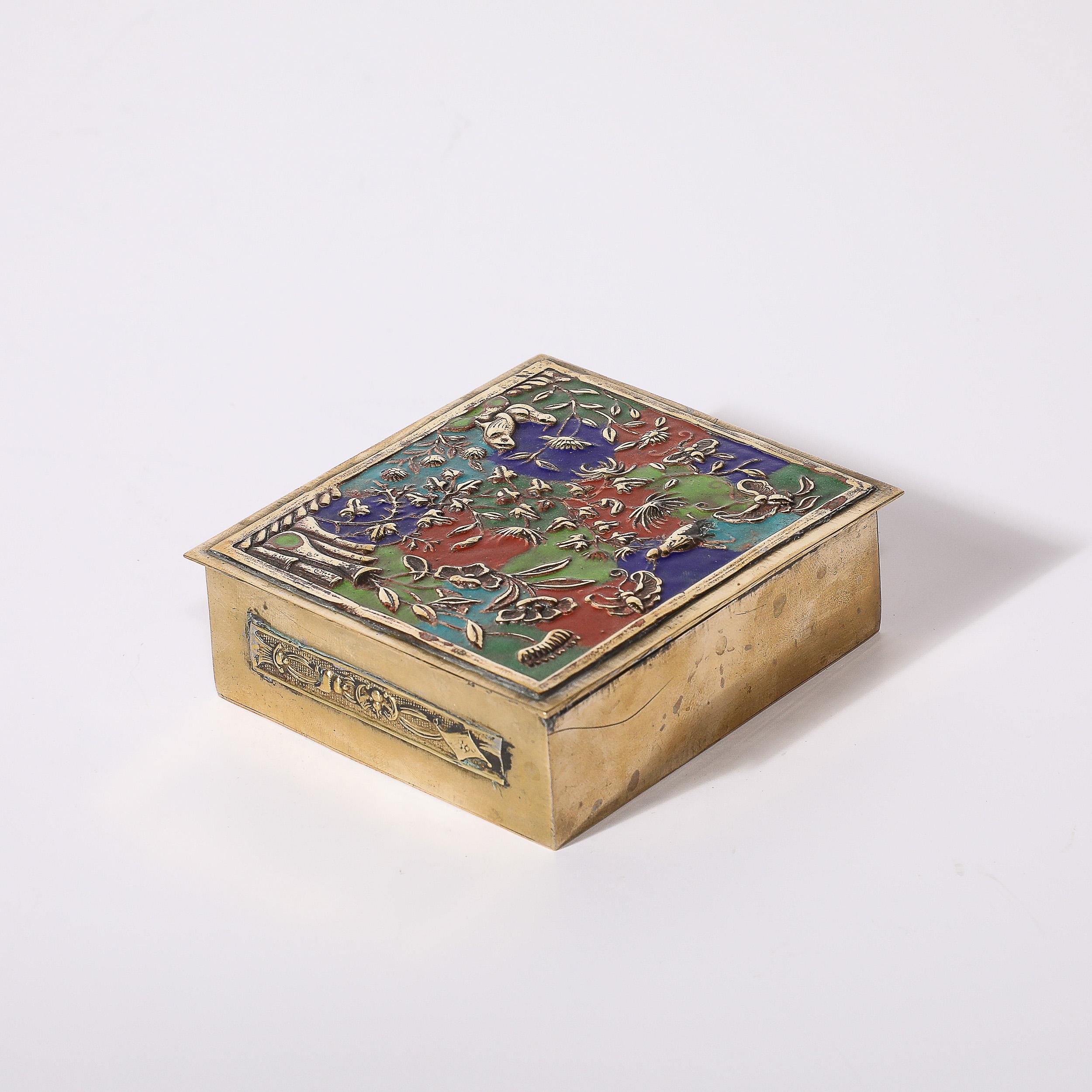 Art Deco Brass and Enamel Box W/ Naturalist Imagery in Relief Cloisonne 3