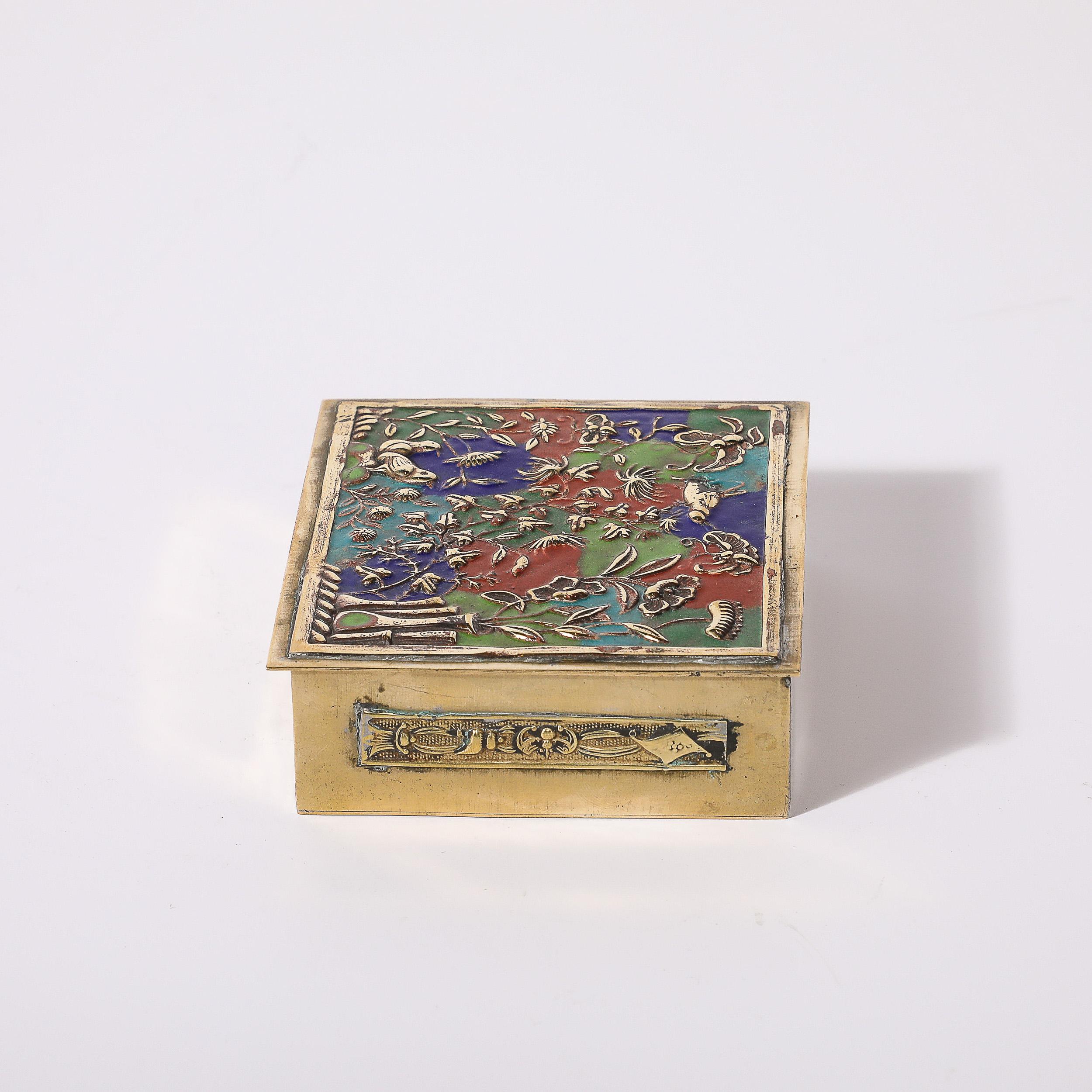 Art Deco Brass and Enamel Box W/ Naturalist Imagery in Relief Cloisonne For Sale 4