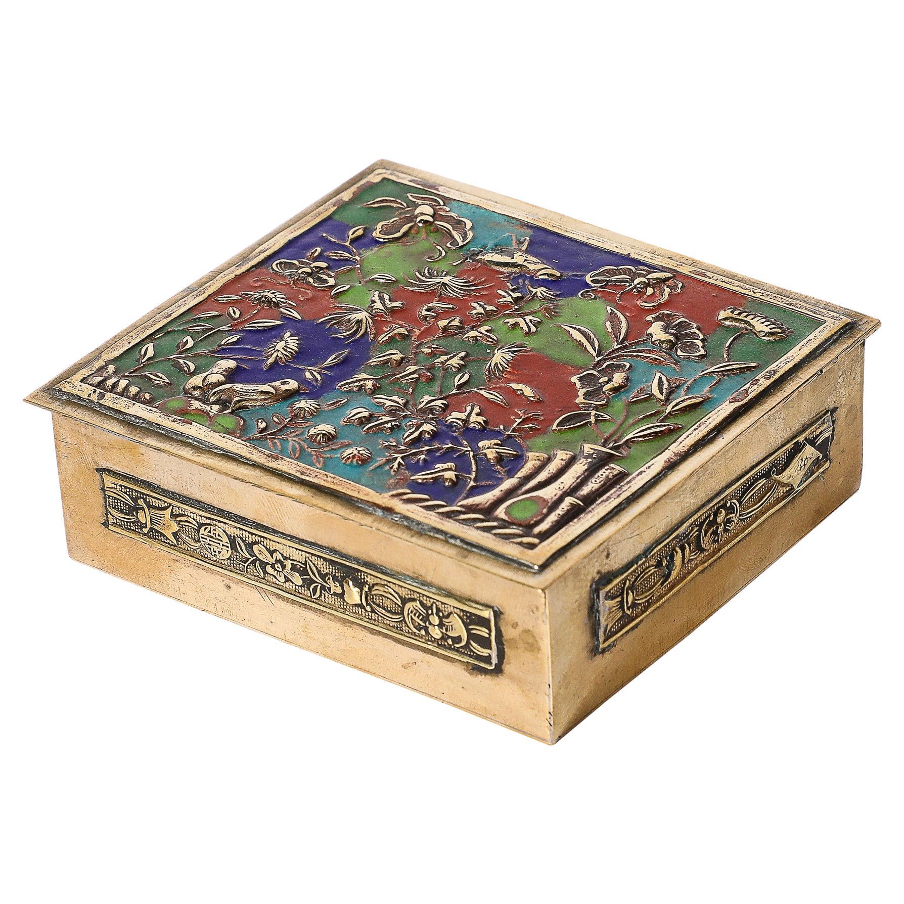 Art Deco Brass and Enamel Box W/ Naturalist Imagery in Relief Cloisonne For Sale