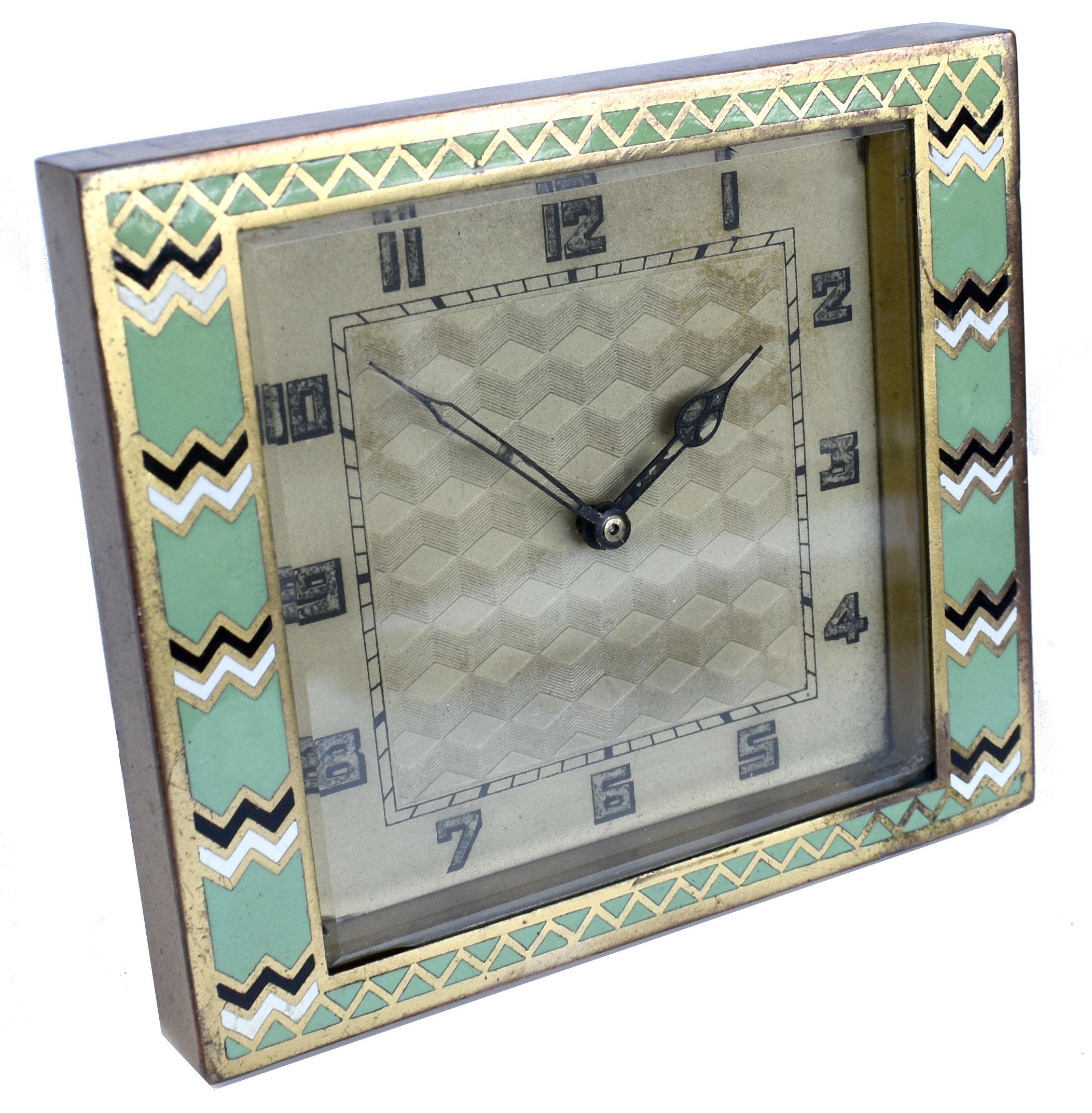 Art Deco Brass And Enamel Clock, English, c1930 In Good Condition For Sale In Devon, England